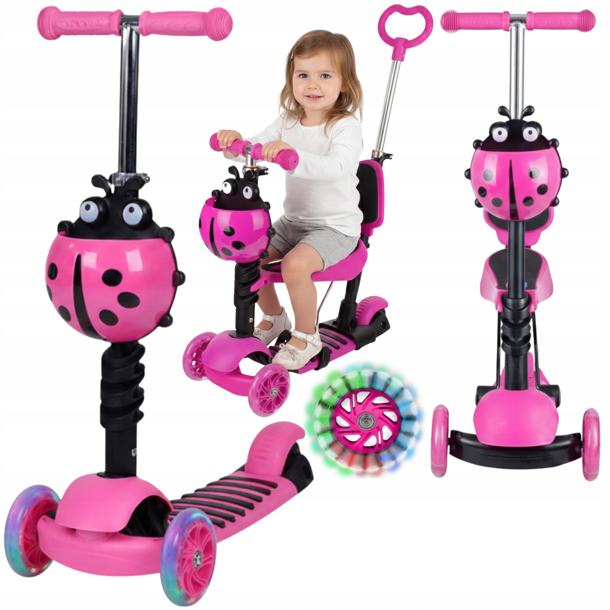 Hulajnoga dla dzieci 5w1 Led balansowa jeździk z rączką różowa biedronka
