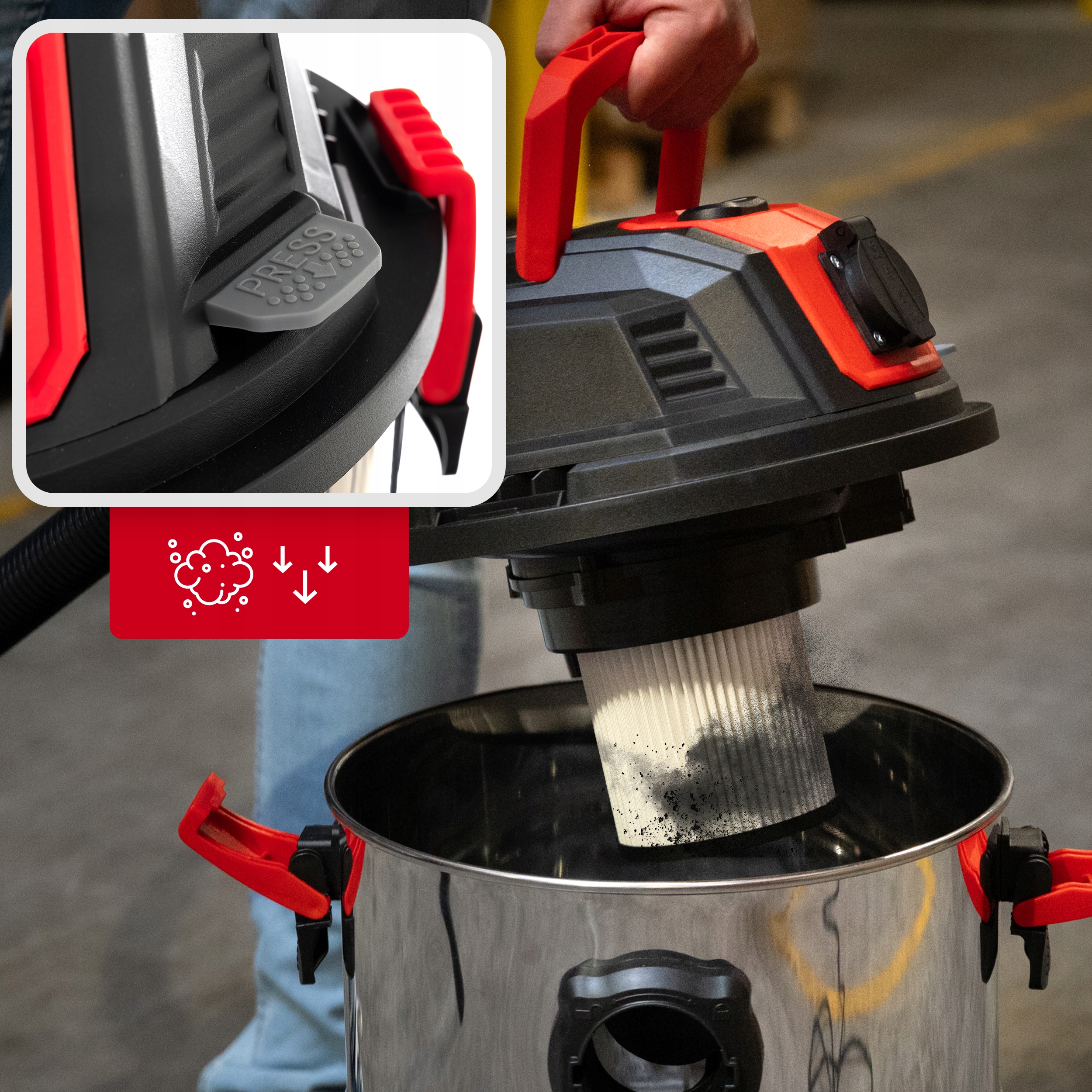 ODKURZACZ PRZEMYSŁOWY SUCHO MOKRO BEZWORKOWY GNIAZDO 2000W OTRZĄSACZ METAL Zasięg pracy 6.72 m