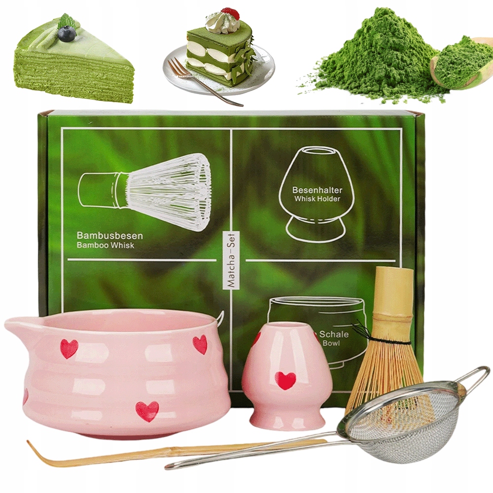 Levně Sada Na Čaj Matcha Premium Růžová S Bambusovou Metlou Chasen 5 Ks.