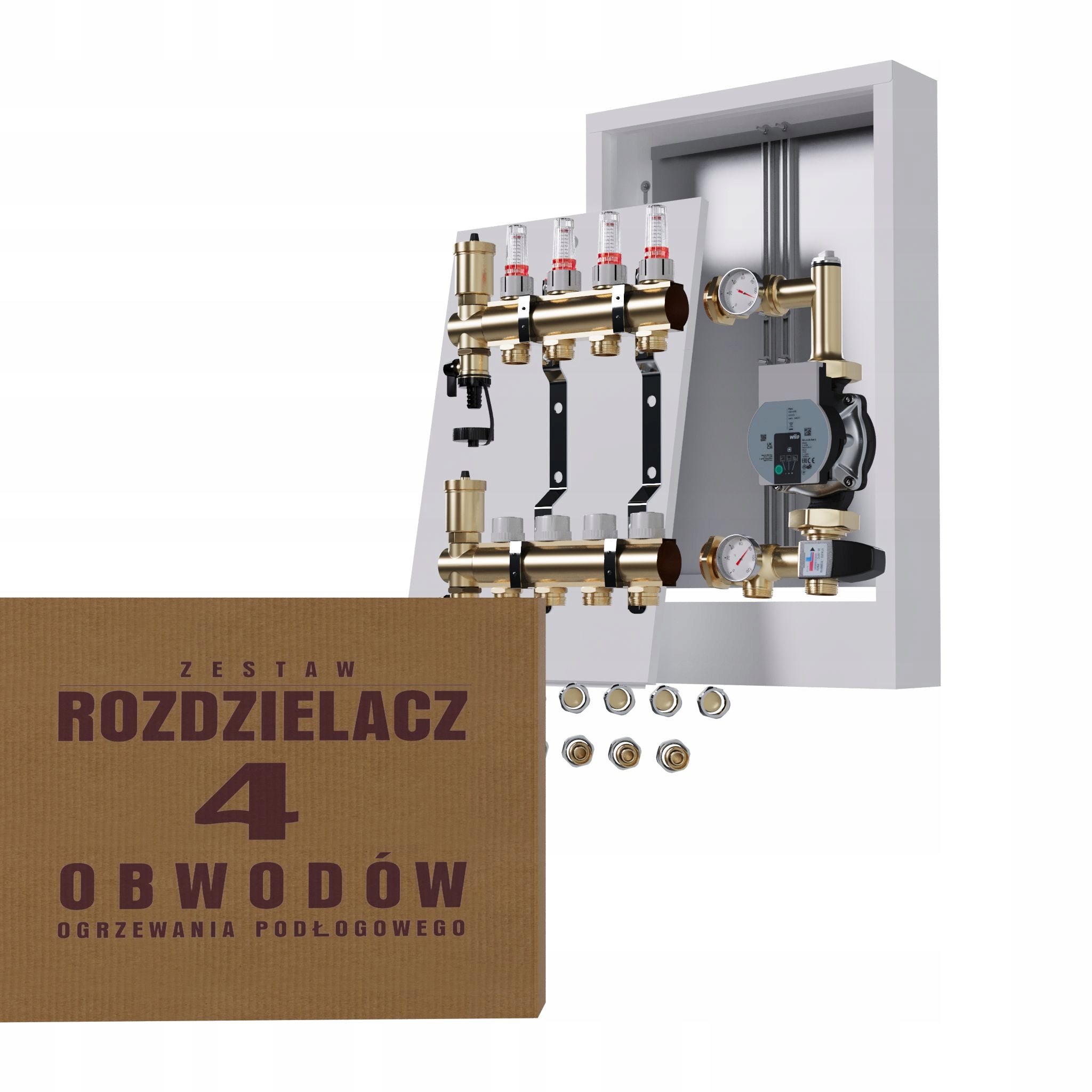 Rozdělovač pro podlahu 4 podlahové topení, nástěnná skříňka Pex