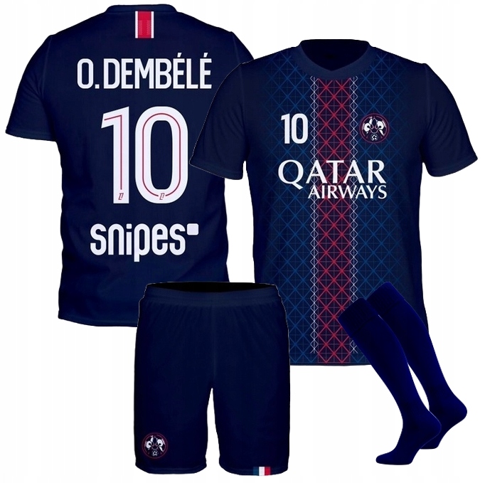 Dembele strój piłkarski komplet sportowy koszulka spodenki getry 146
