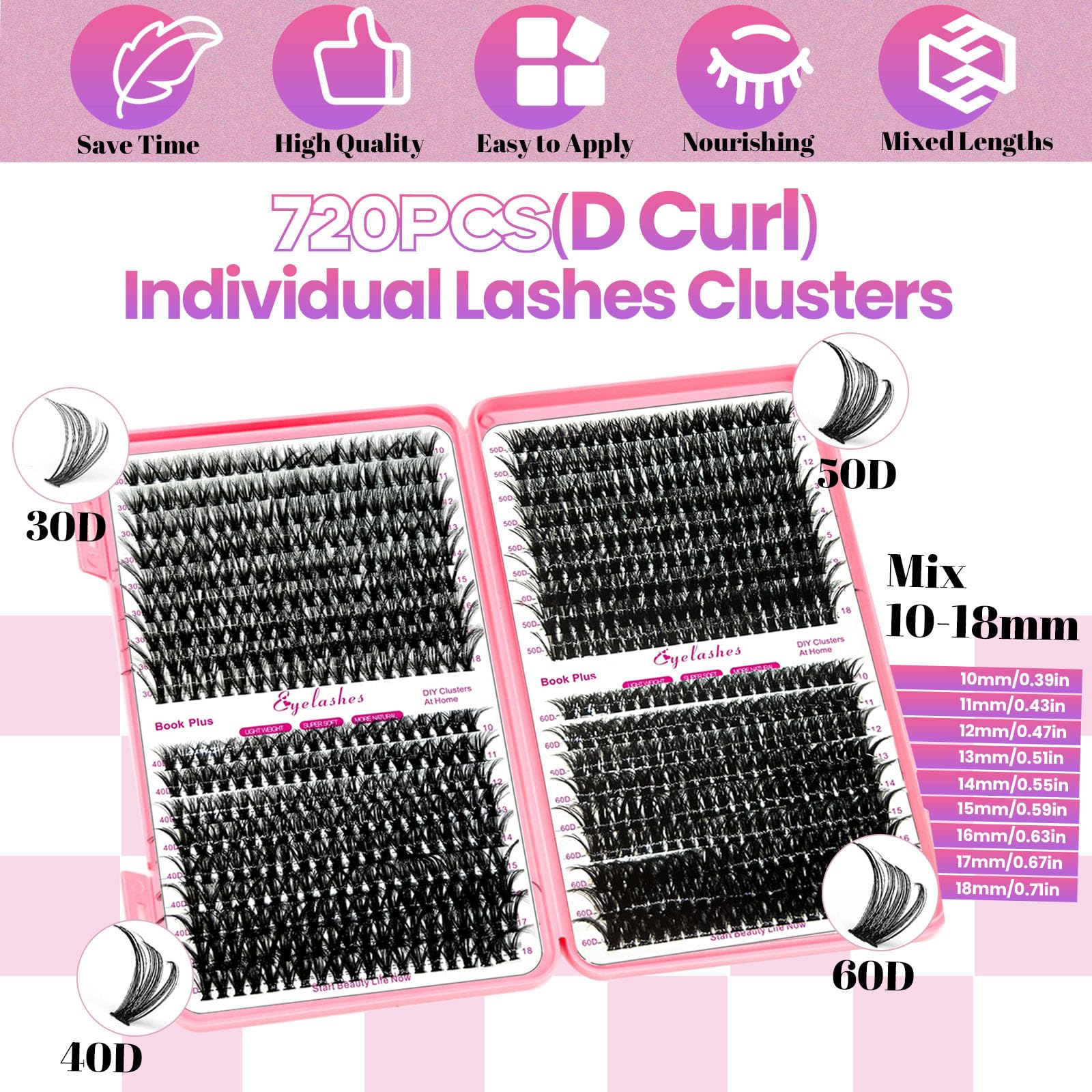 QIVEAORY Zestaw Do Przedłużania Rzęs 720 Sztuk D Curl Lusterko LED — miniatura 2