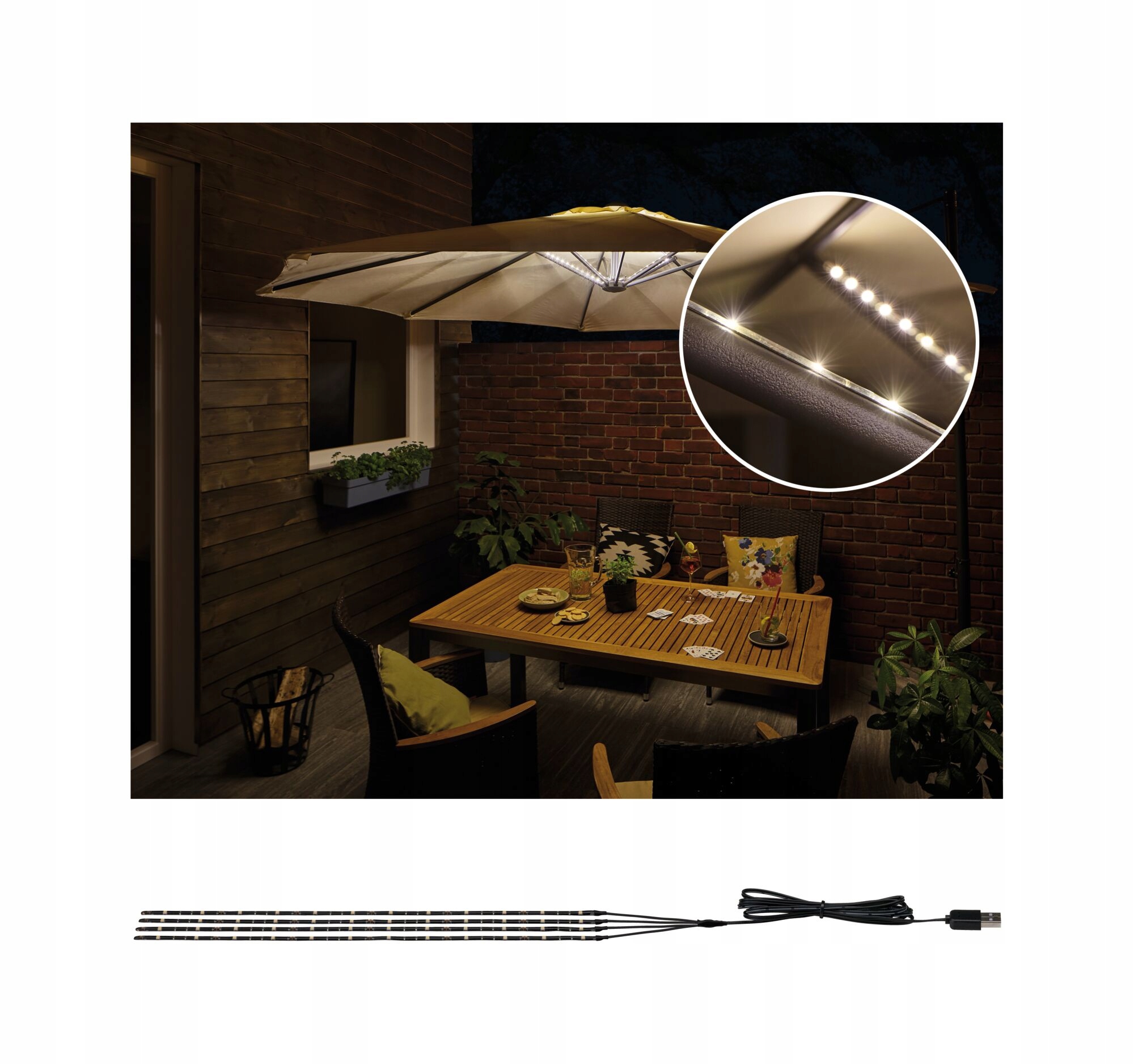 Zestaw oświetlenia Led do parasola ogrodowego USB LED STRIPE 4x40cm 3000K