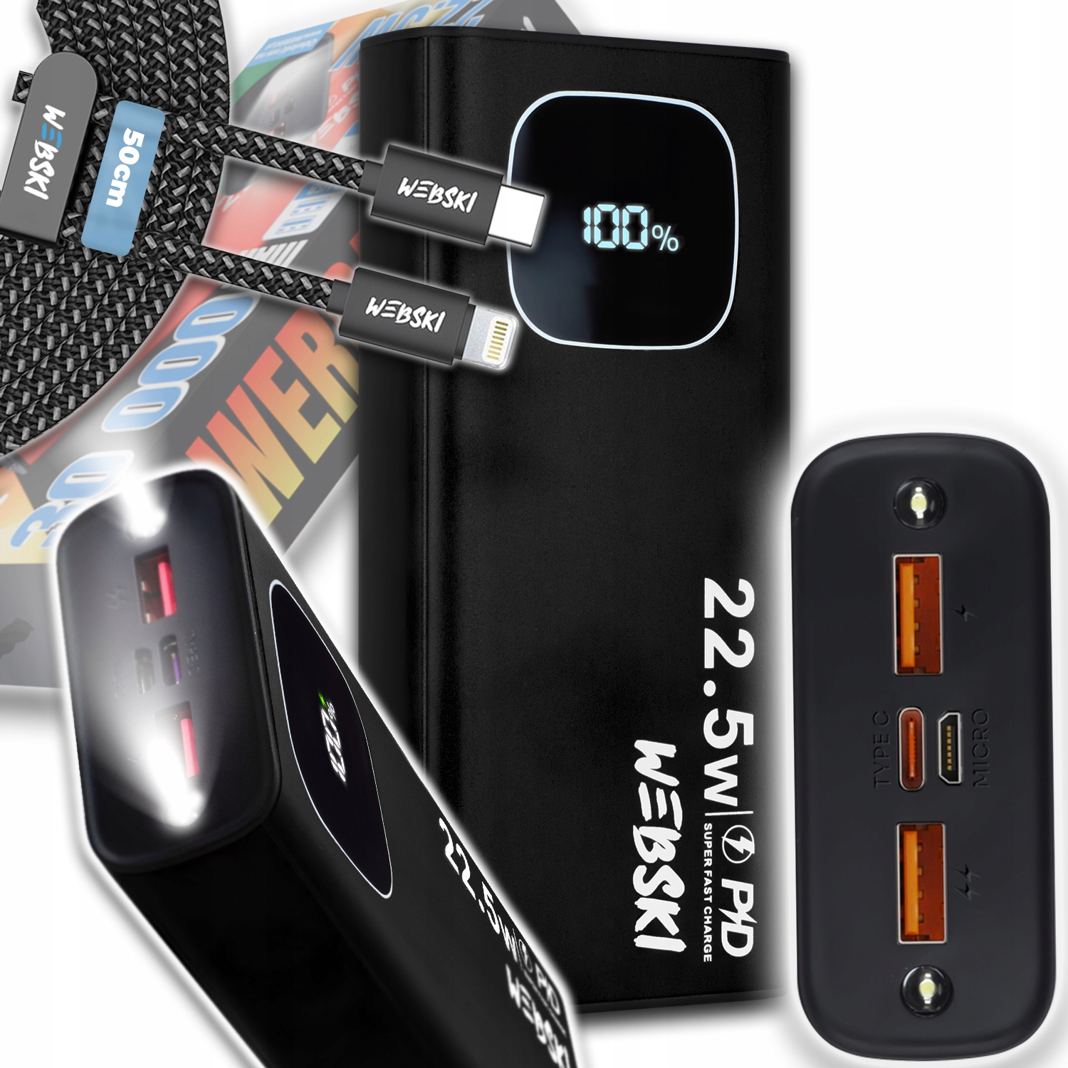 Powerbank 22,5W Rychlé Nabíjení Qc Pd Usb-c 2X Usb Kabel Lightning 50CM 0,5M