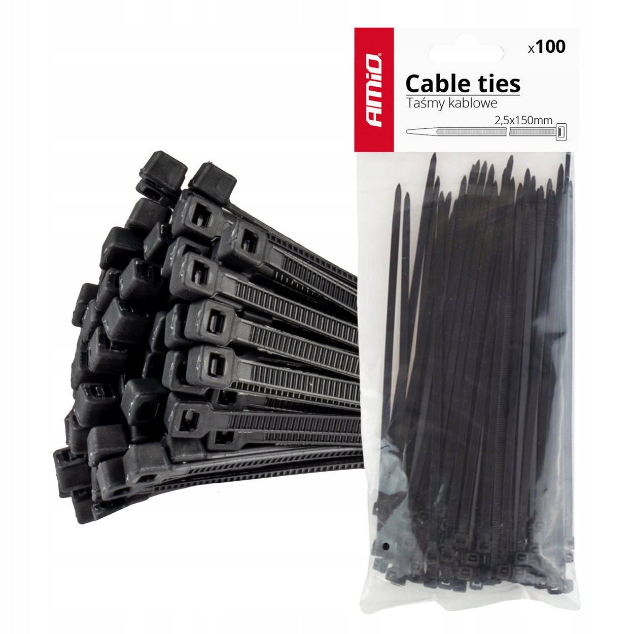 Taśmy opaski zaciskowe kablowe czarne 2,5x150mm 100 szt. AMIO-02151