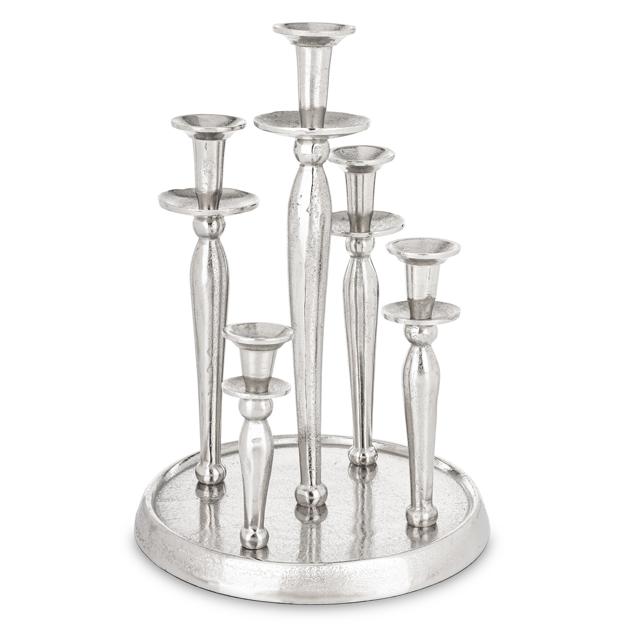 Strieborný okrúhly vysoký dekoratívny retro svietnik na 5 sviečok