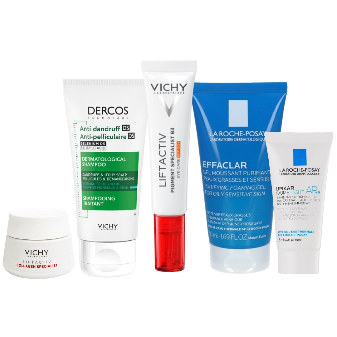 Vichy Krem pod oczy SPF50 przebarwienia 4 Gratisy Dercos Effaclar Lipikar