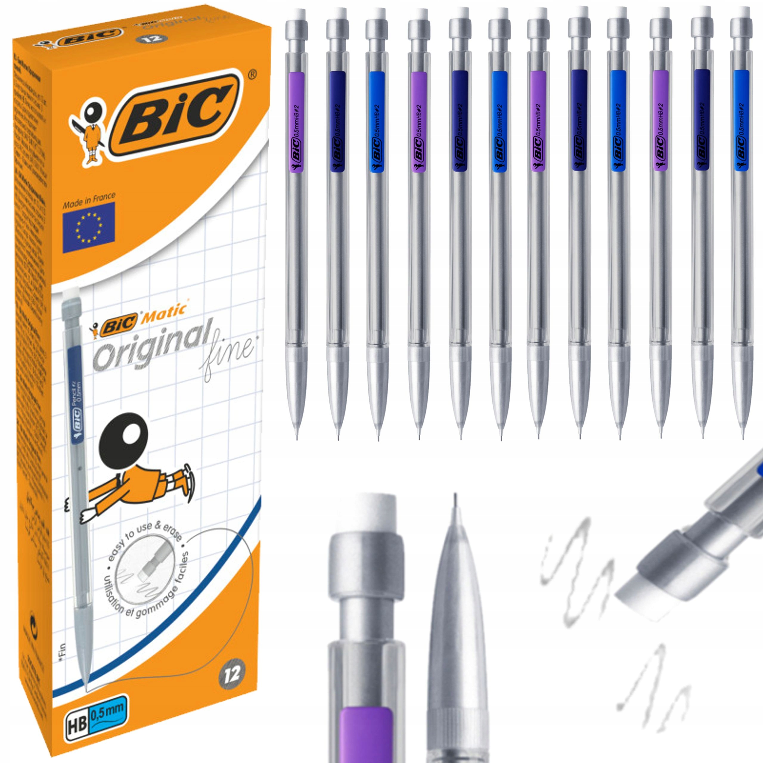 

12X Ołówek Automatyczny Z Gumką Hb 0,5mm Bic Matic