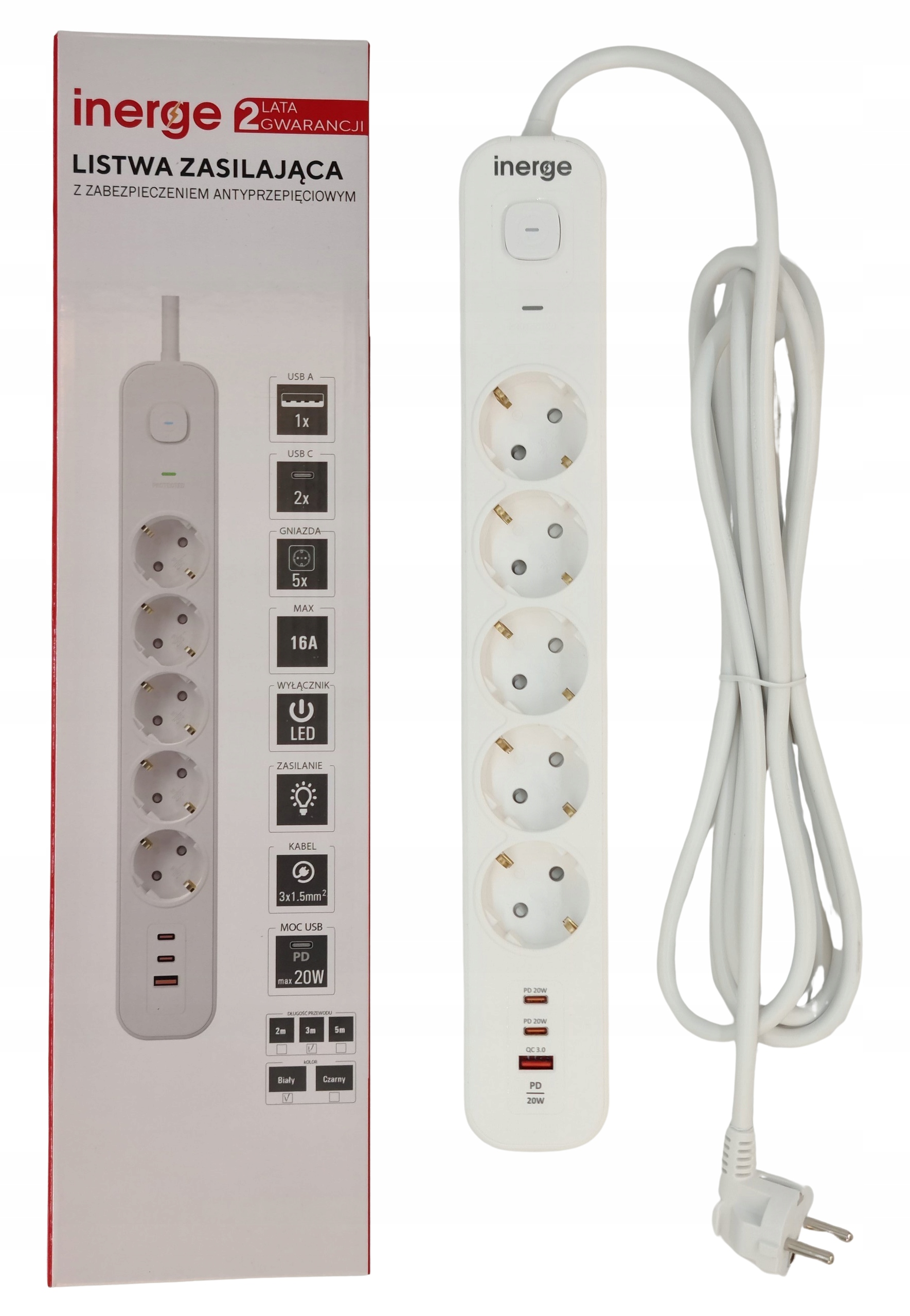 Listwa Zasilająca Antyprzepięciowa 5 Gniazd 2m 3x1,5MM² 3x Usb PD20W QC18W