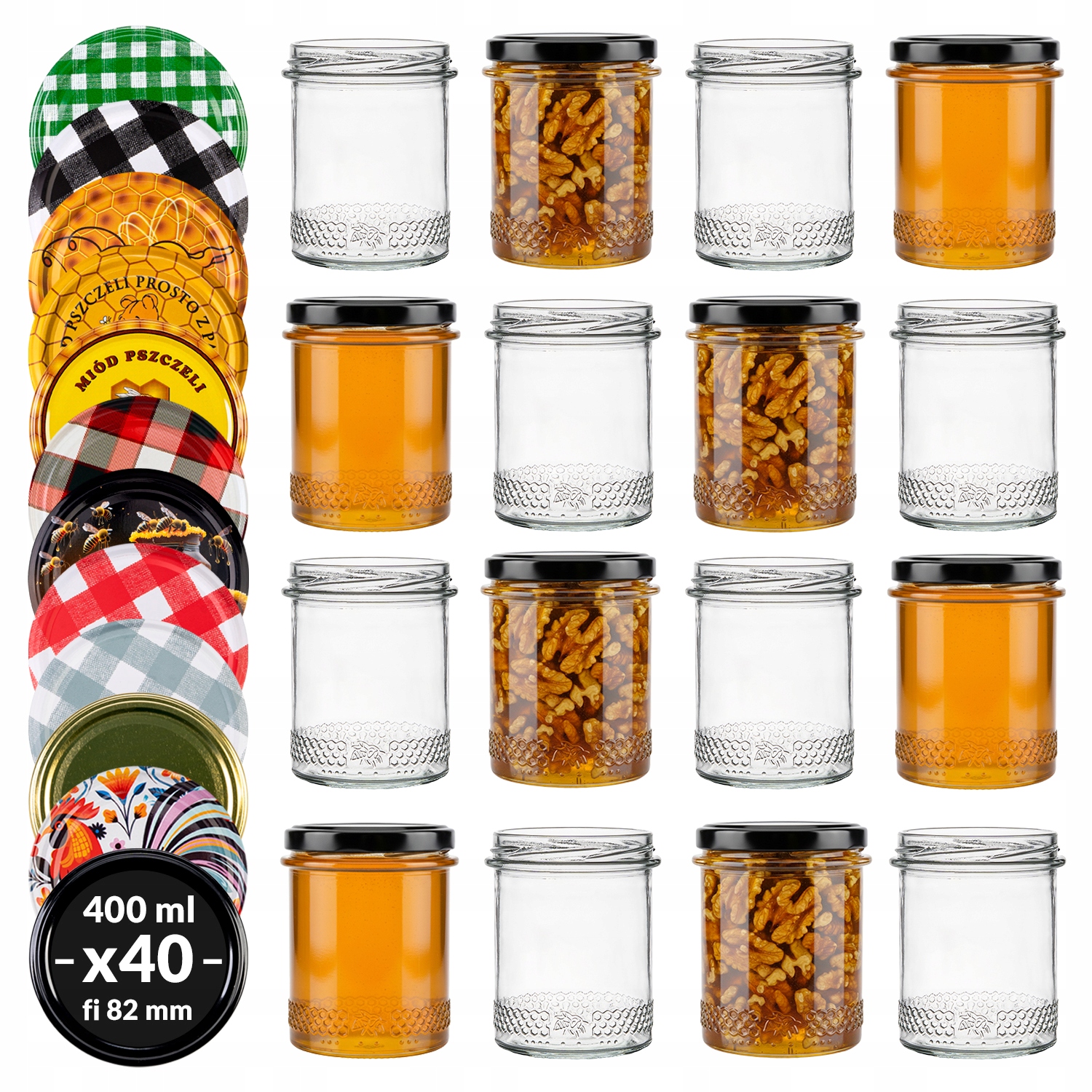 40 x Skleněné sklenice s Okrajem 400 ml Sklenice na med, včelí pyl, džemy
