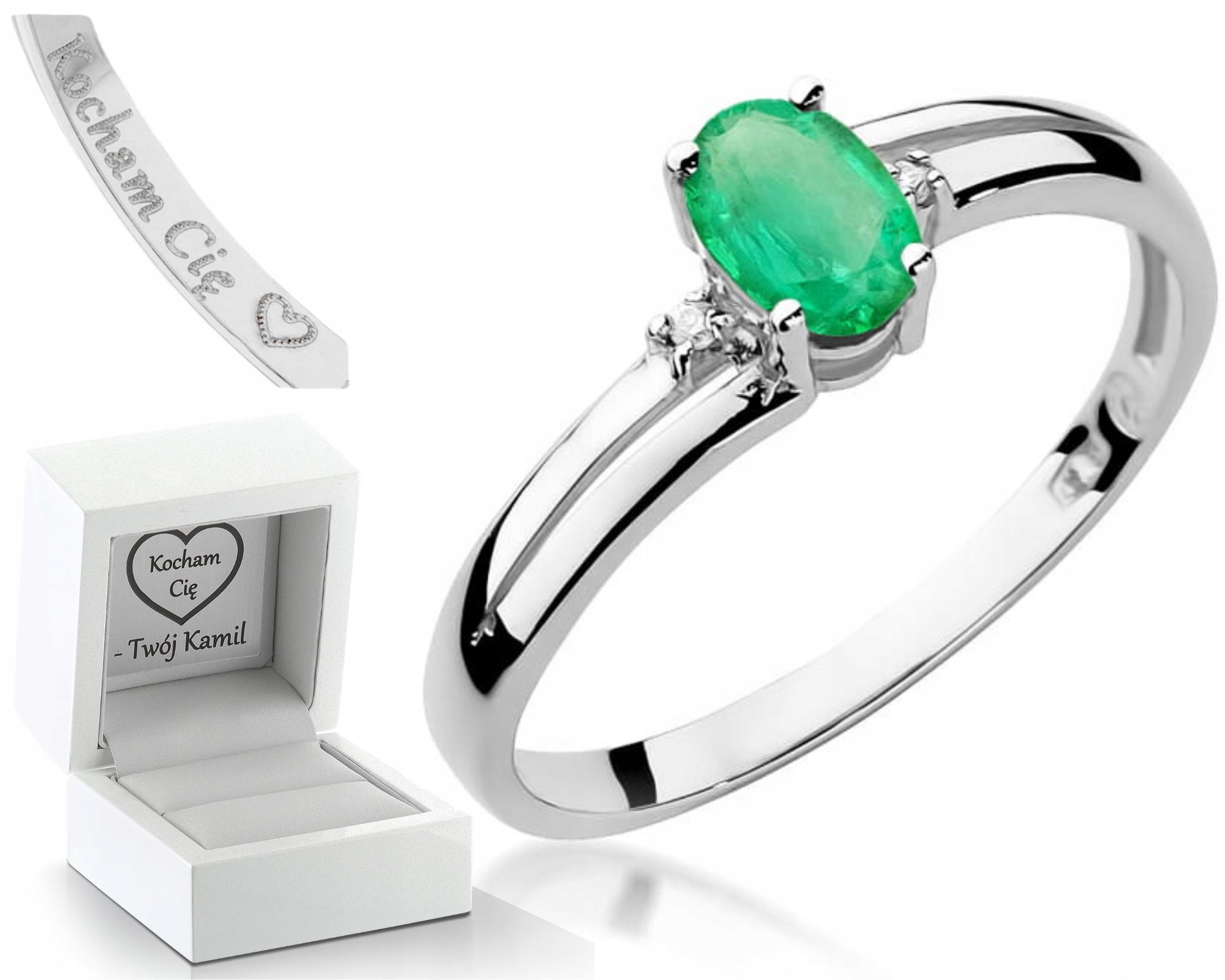 Bílé Zlato Prstýnek Smaragd Brilianty Diamanty Gravírování 585 Dárek