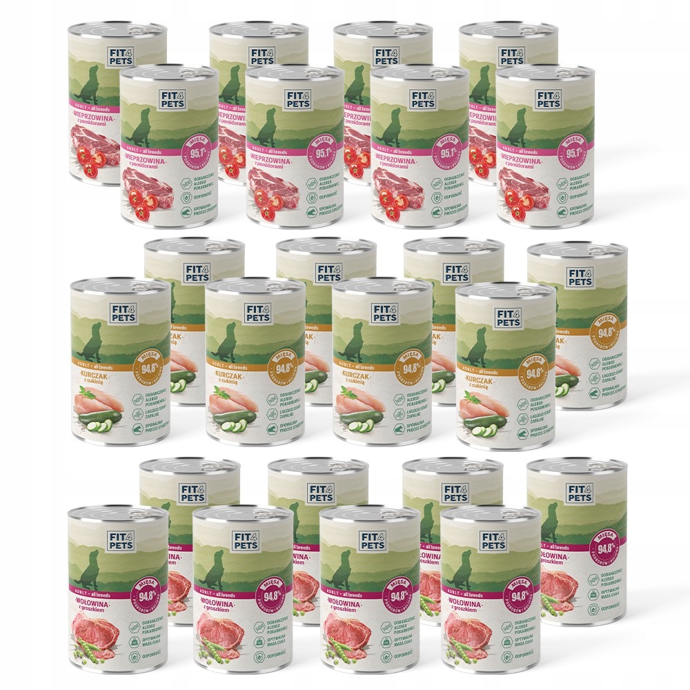 Vlhké krmivo pro psy MIX 24 konzerv, hovězí maso x8, kuřecí maso x8, vepřové maso x8