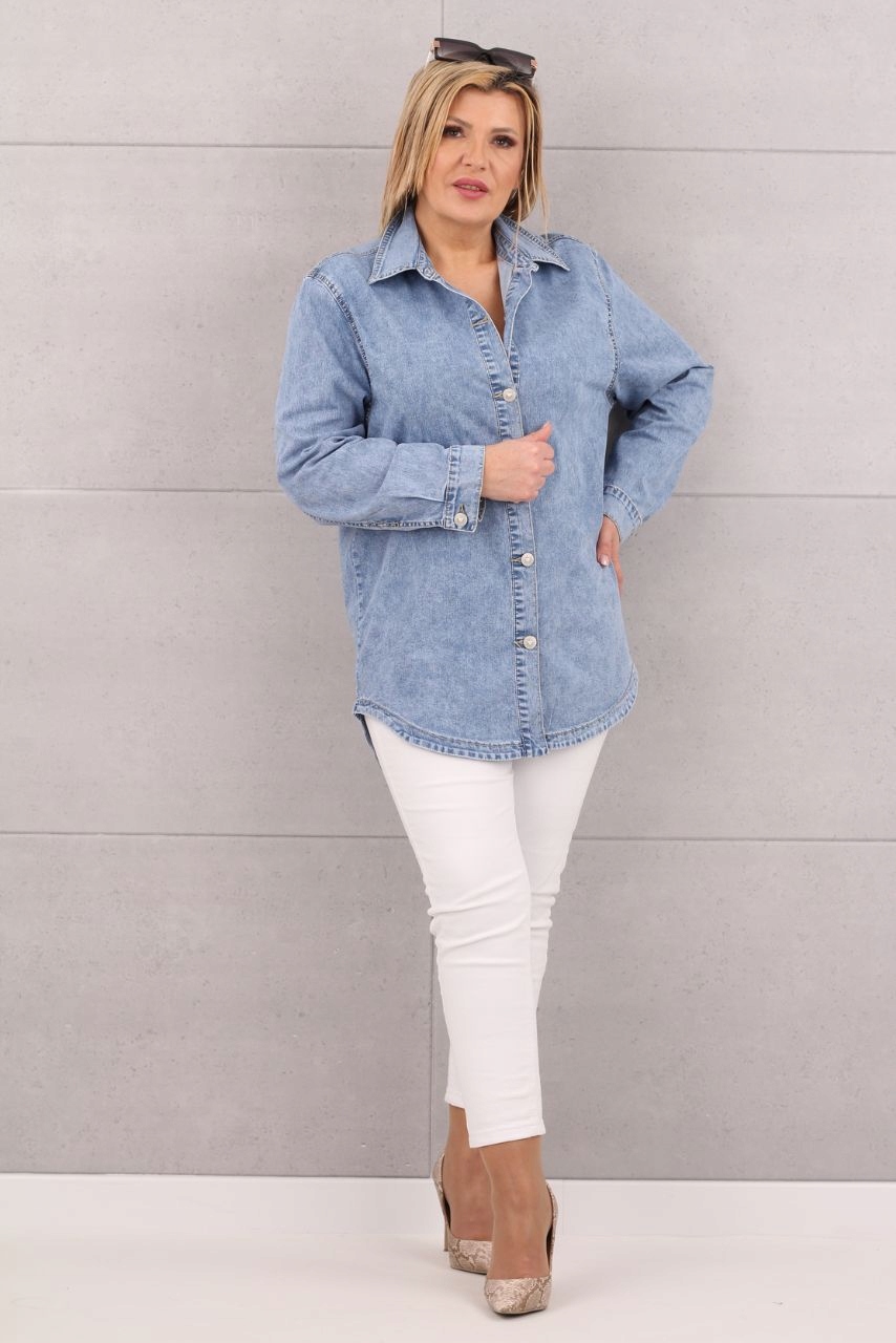 ASYMETRYCZNA JEANSOWA KOSZULA DUŻE ROZMIARY LUŹNA OVERSIZE ELEGANCKA Płeć kobieta