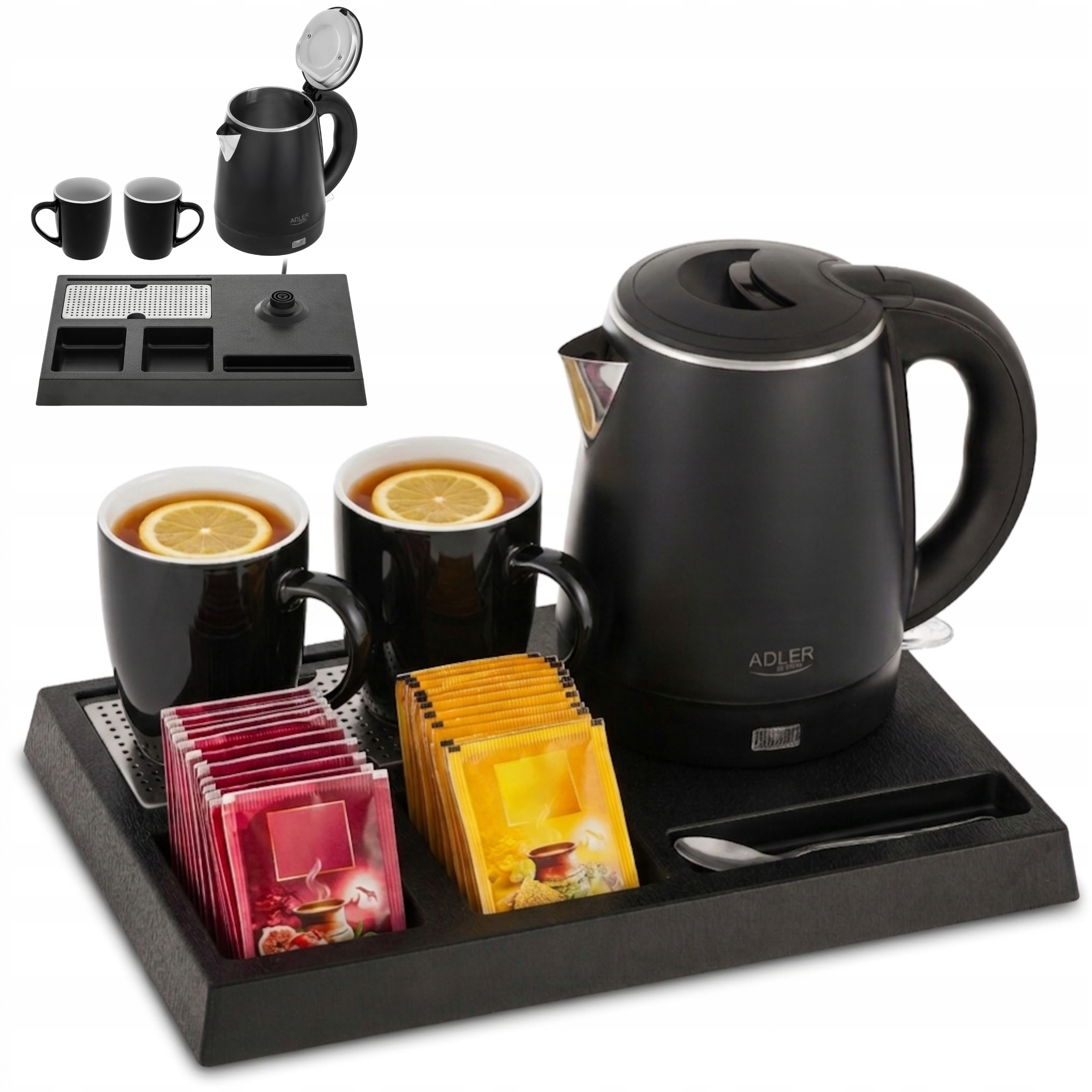 Mały Czajnik Elektryczny 1L 1300W Bezprzewodowy Hotelowy taca 2 kubki