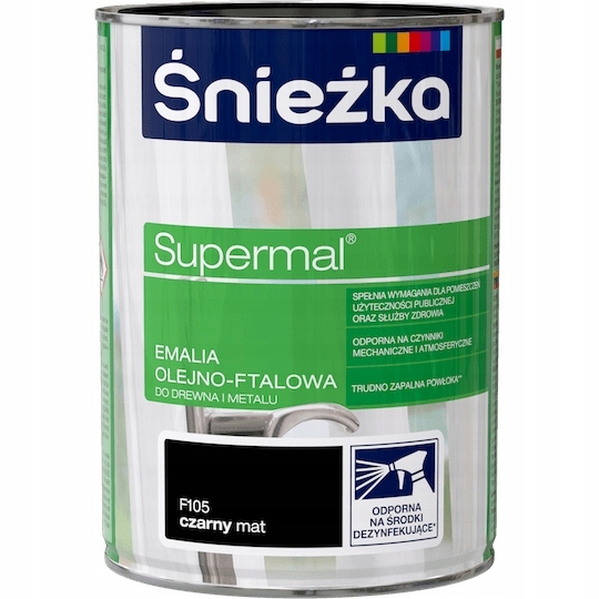 ŚNIEŻKA SUPERMAL FARBA EMALIA OLEJNO FTALOWA F105 CZARNY MAT 0,8L