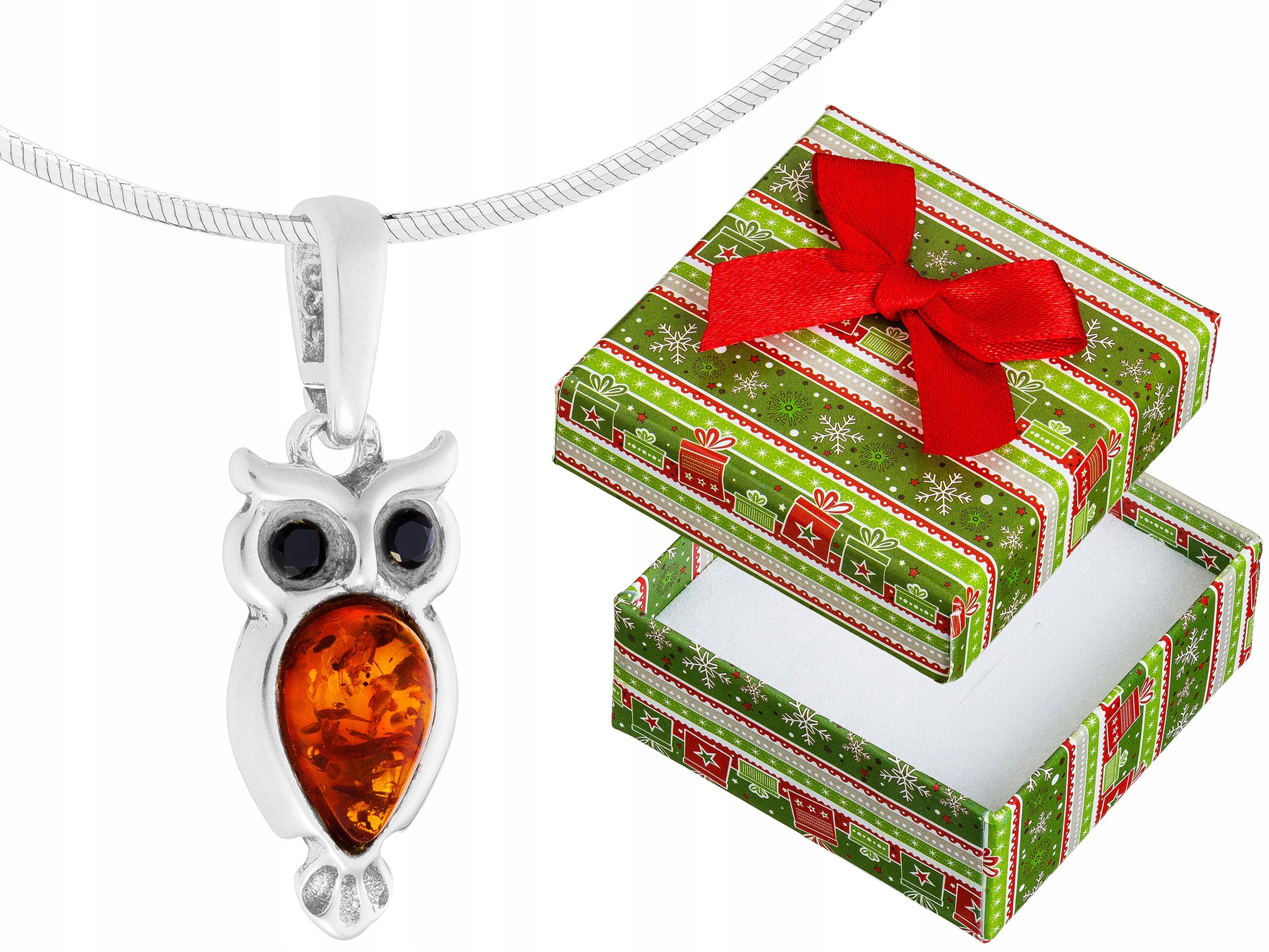 Krátký Stříbrný Oxidovaný Náhrdelník Pták Sova Jantar Zirkony Choker 40 cm