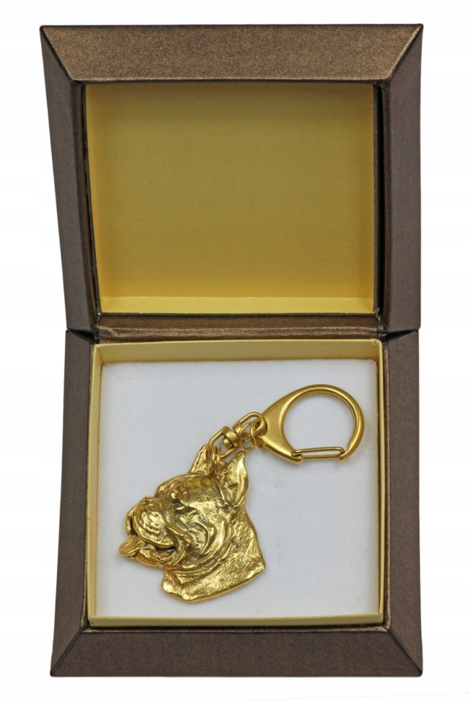 Pozlacený boxer přívěsek na klíče se psem v dárkové krabičce, přívěsek