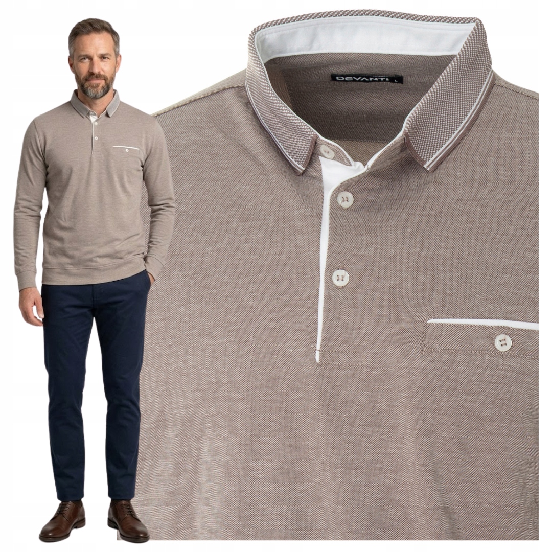 bluzka męska z długim rękawem kieszonka Polo kołnierzyk beżowa koszulka 3XL