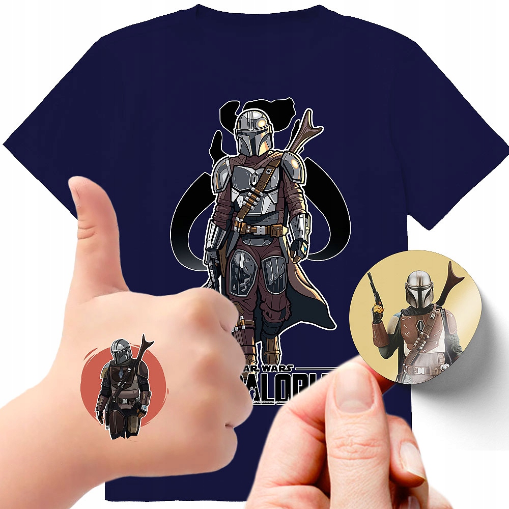 ZESTAW 3W1 KOSZULKA DLA DZIECI TATUAŻE NAKLEJKI THE MANDALORIAN 140 JAKOŚĆ