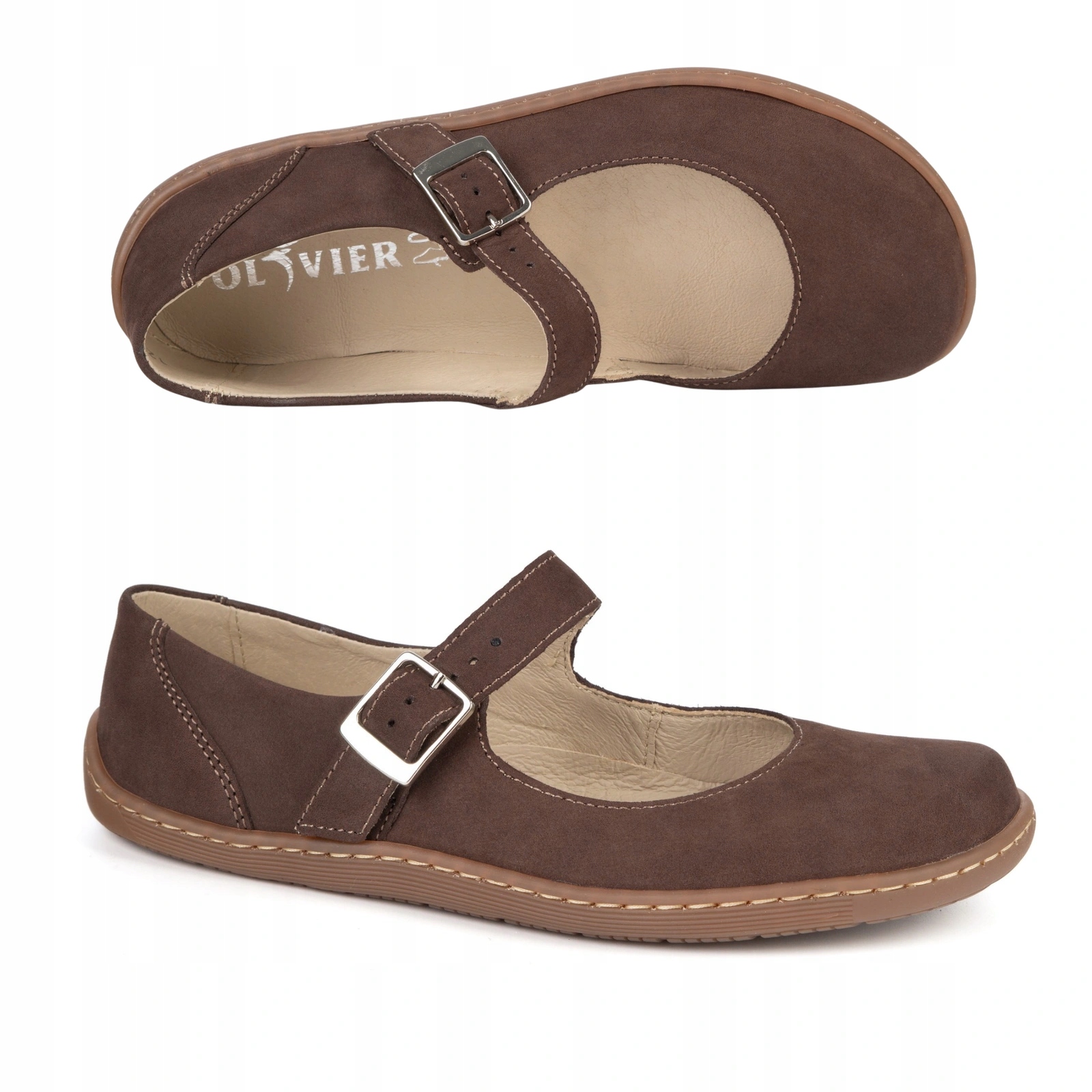 Dámské barefoot baleríny Olivier 1286 velurové s přezkou, hnědé, velikost 38