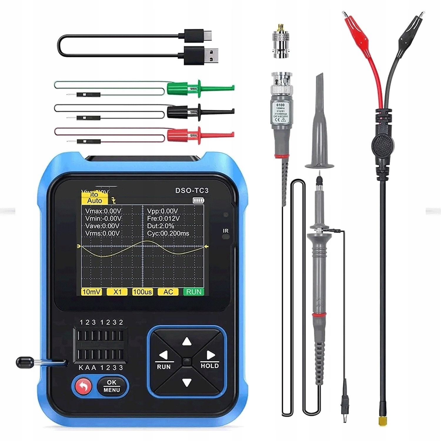Osciloskop Fnirsi DSO-TC3 přenosný 3v1 tester tranzistorů Lcr generátor