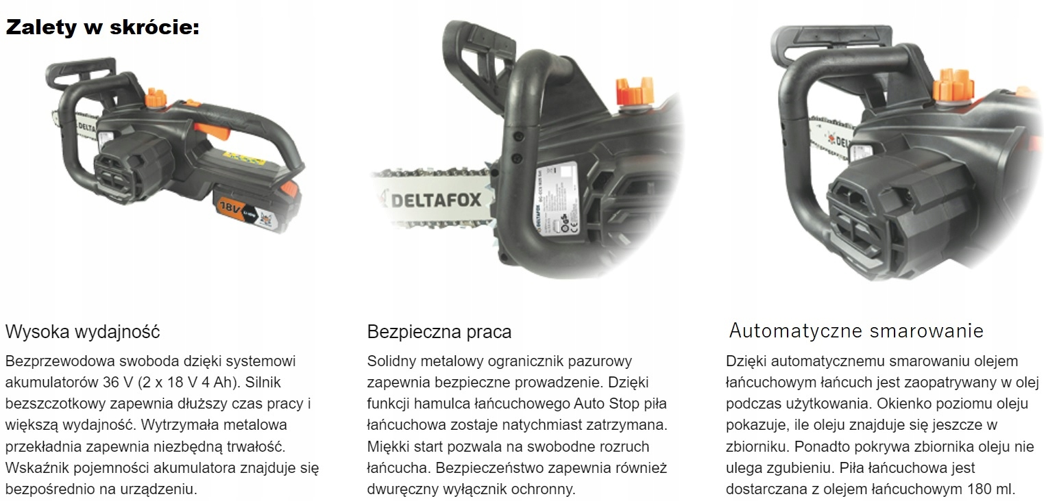 MOCNA Piła łańcuchowa 40 cm akumulatorowa GRIZZLY 36V 4A Zbiornik oleju 180 ml