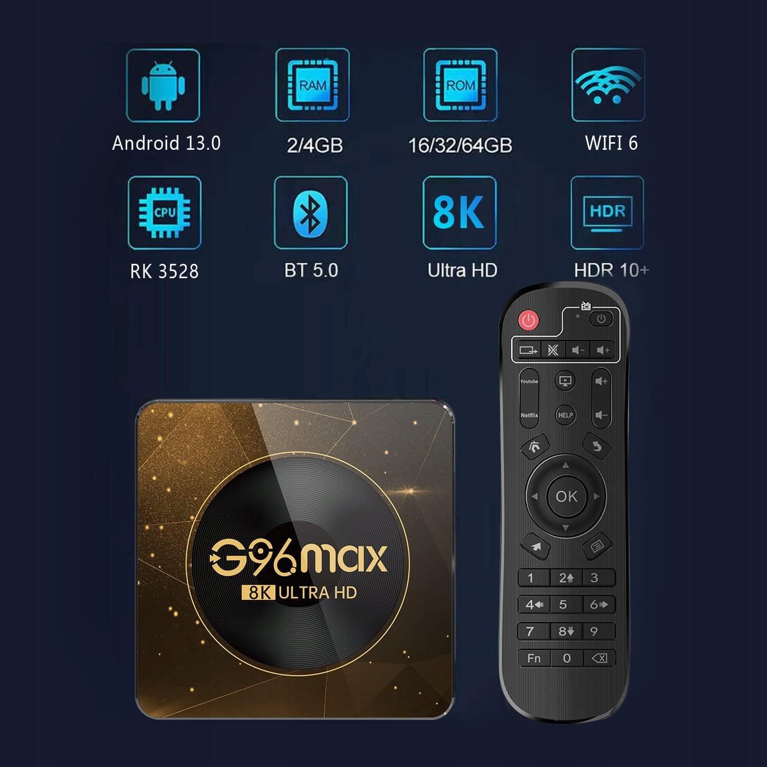 Tv box G96 max 2/16GB android 13.0 Wifi 6 Netflix Kód výrobce Odtwarzacz multimedialny smart Tv Box G96 max