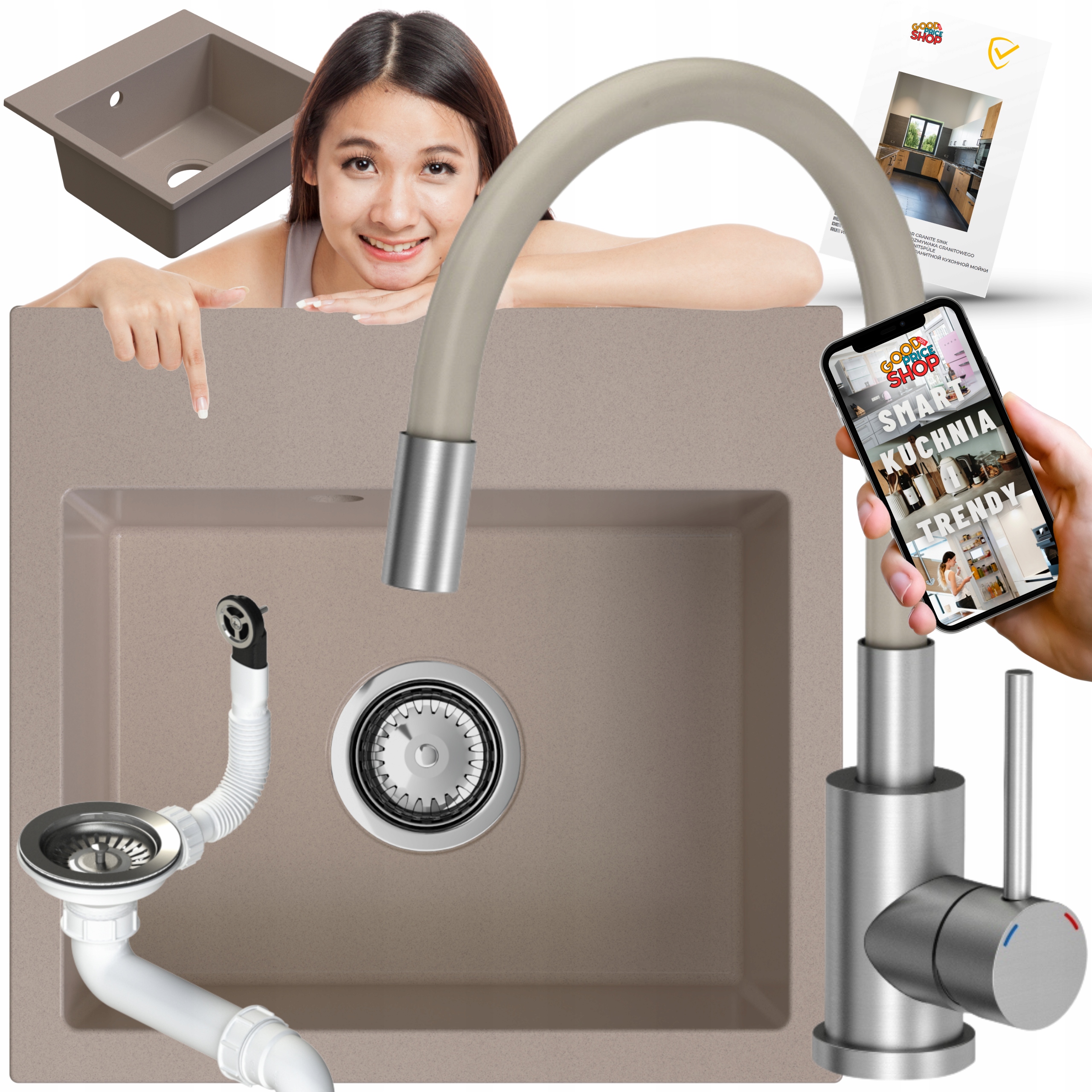 Granitový Dřez Jednokomorový Béžový S Kuchyňskou Baterií Se Sifonem 7v1