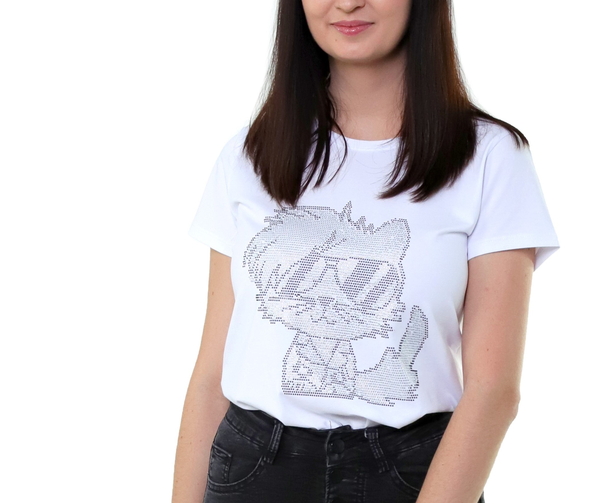 

T-shirt Damski Koszulka Biała Cekinowy Kotek XL