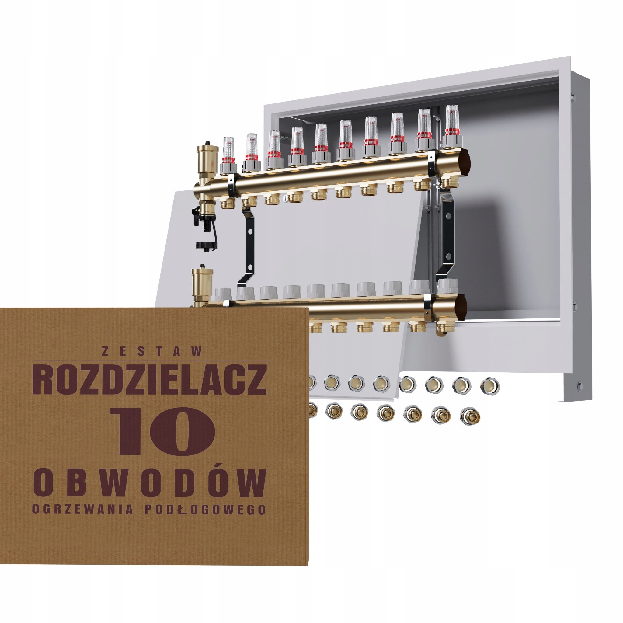 Rozdělovač pro podlahovou krytinu 10 okruhů podomítková skříňka spojky Pex