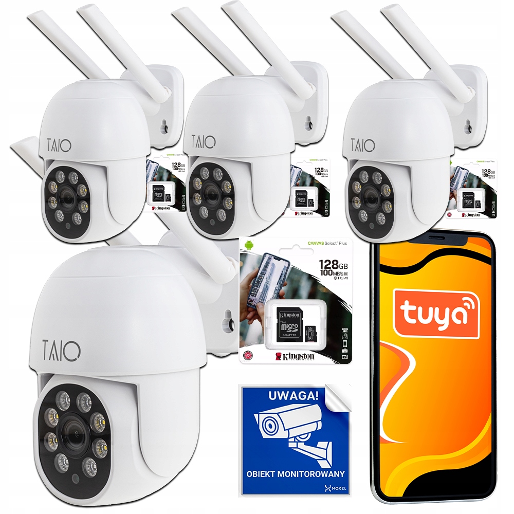 Kamery monitoringu WiFi 4MPx 4x Kamera zewnętrzna obrotowa TUYA + 4x 128GB