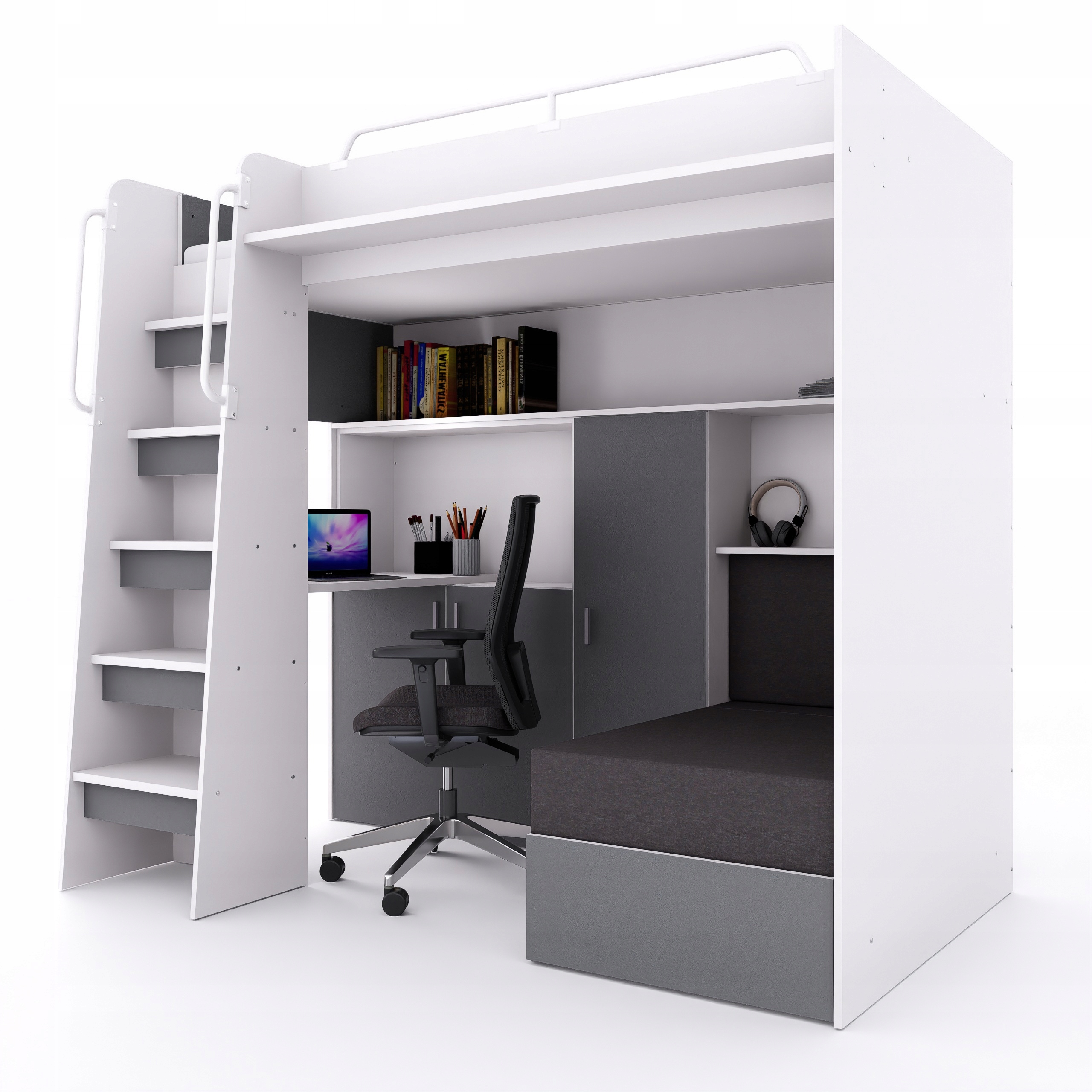 Łóżko piętrowe JSM7 z sofą i biurkiem grafit