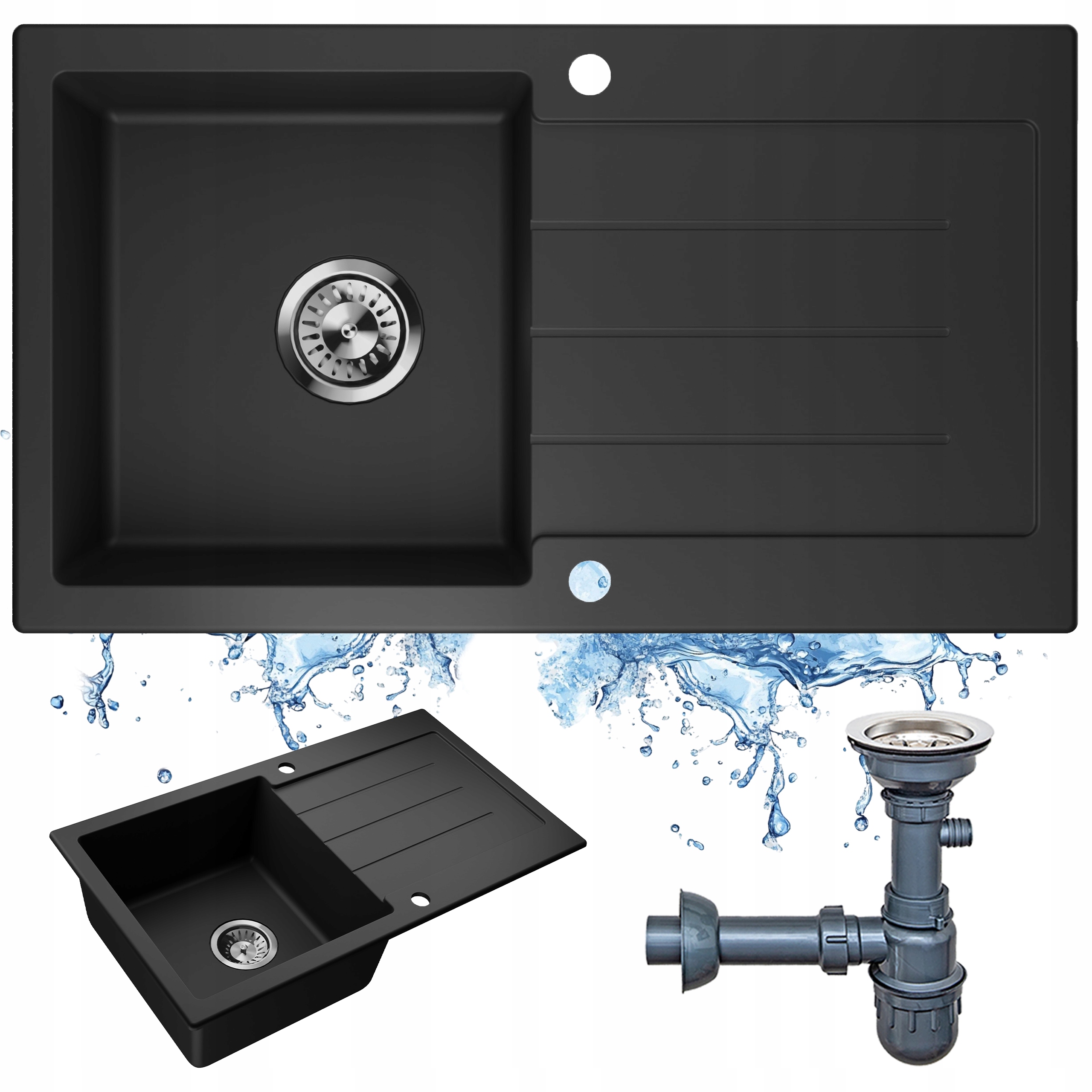 Černý granitový dřez, velký jednokomorový dřez sifon