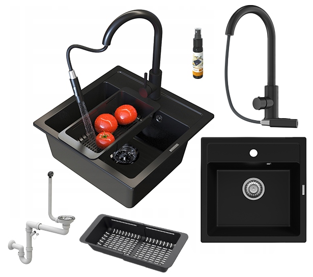 Dřez Černý Malmo granitový Sada Dřez baterie Loseto černý sifon