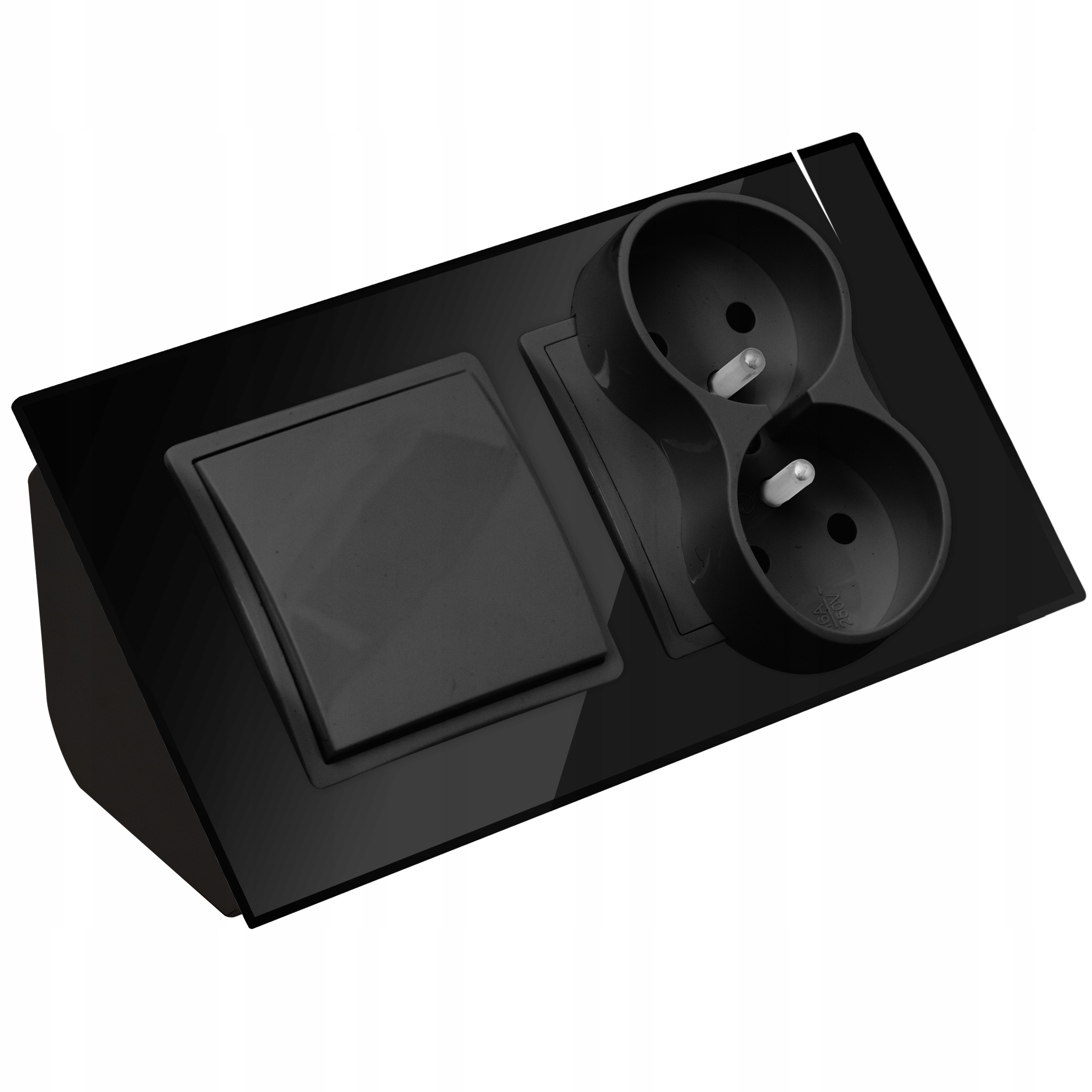 Gniazdo Podwójne Szklane Meblowe Narożne Z Wyłącznikiem Czarne Matowe