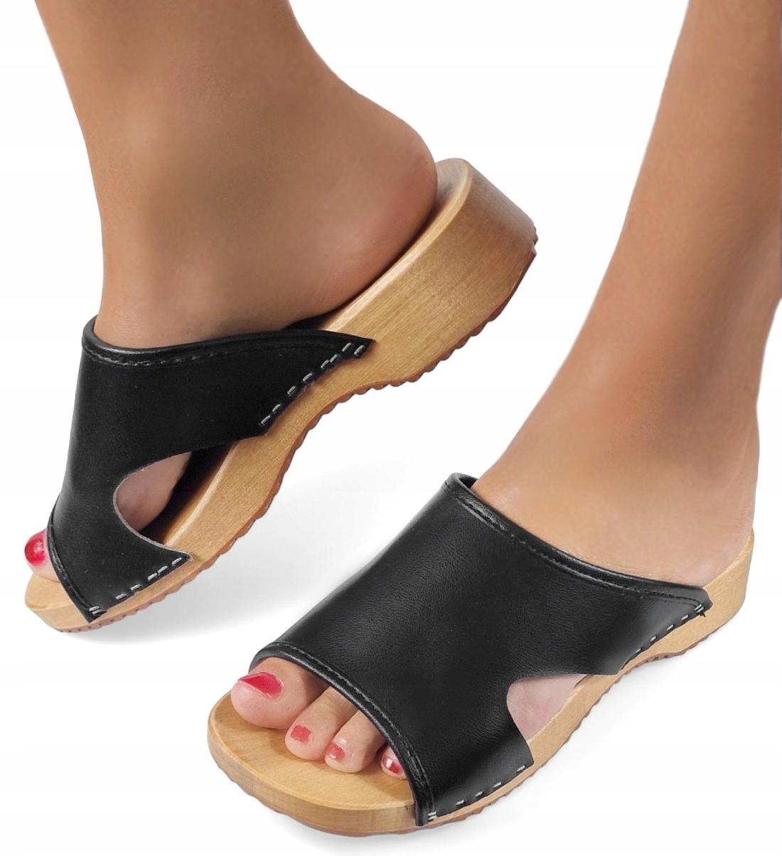 Klasyczne Drewniaki Damskie Medyczne Chodaki Odkryte Czarne Skórzane *35*