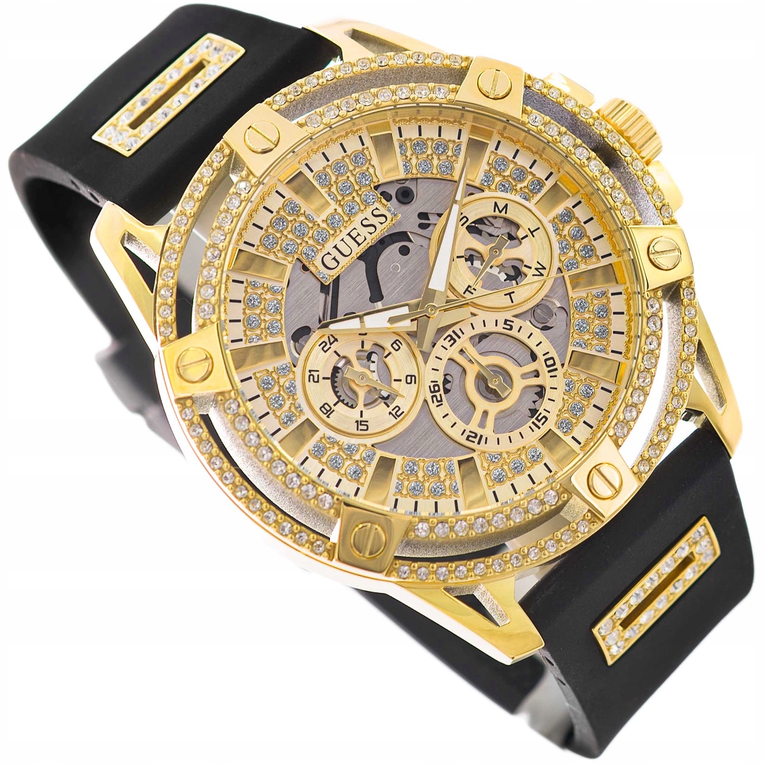 Pánské Hodinky Guess King GW0537G2 Datumovka Na Řemínku Se Zirkony