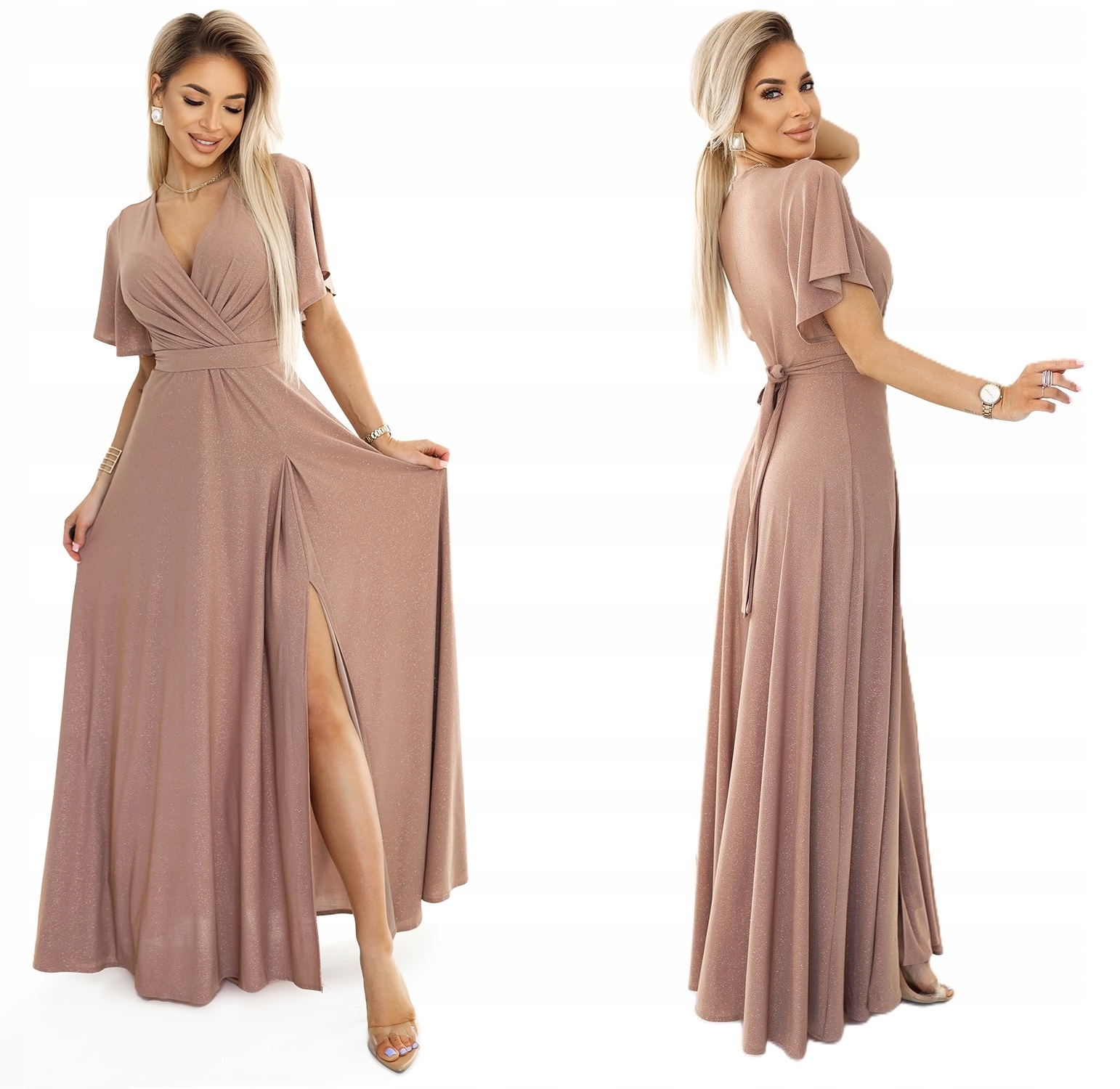 Dlouhé Šaty Na Ples S Výstřihem A Páskem V Pase Mocha Mousse Se Třpytkami
