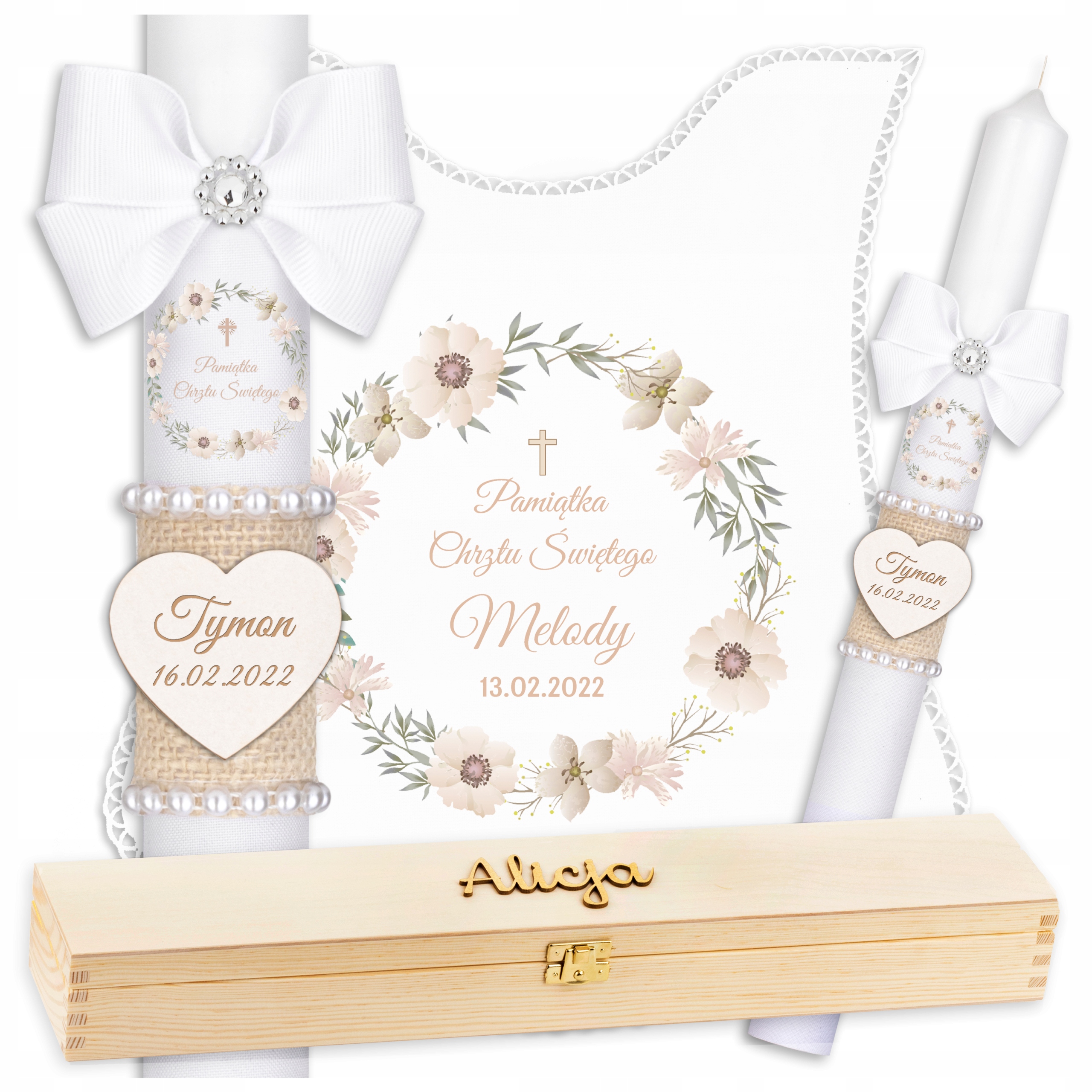 

Świeca na Chrzest Szatka do Chrztu pudełko drewno