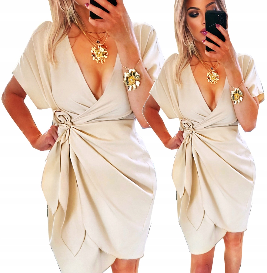 .SUKIENKA BEŻOWA ELEGANCKA KOPERTOWA WYSZCZUPLAJACA Z MARSZCZENIAMI 38