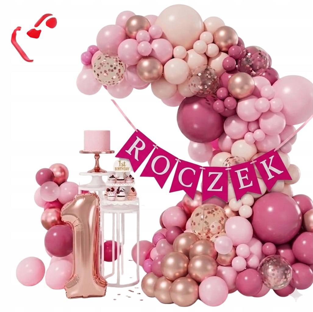 Girlanda Balonowa Różowa Dekoracja Napis Roczek Dziewczynka Cyfra 1 Różowy