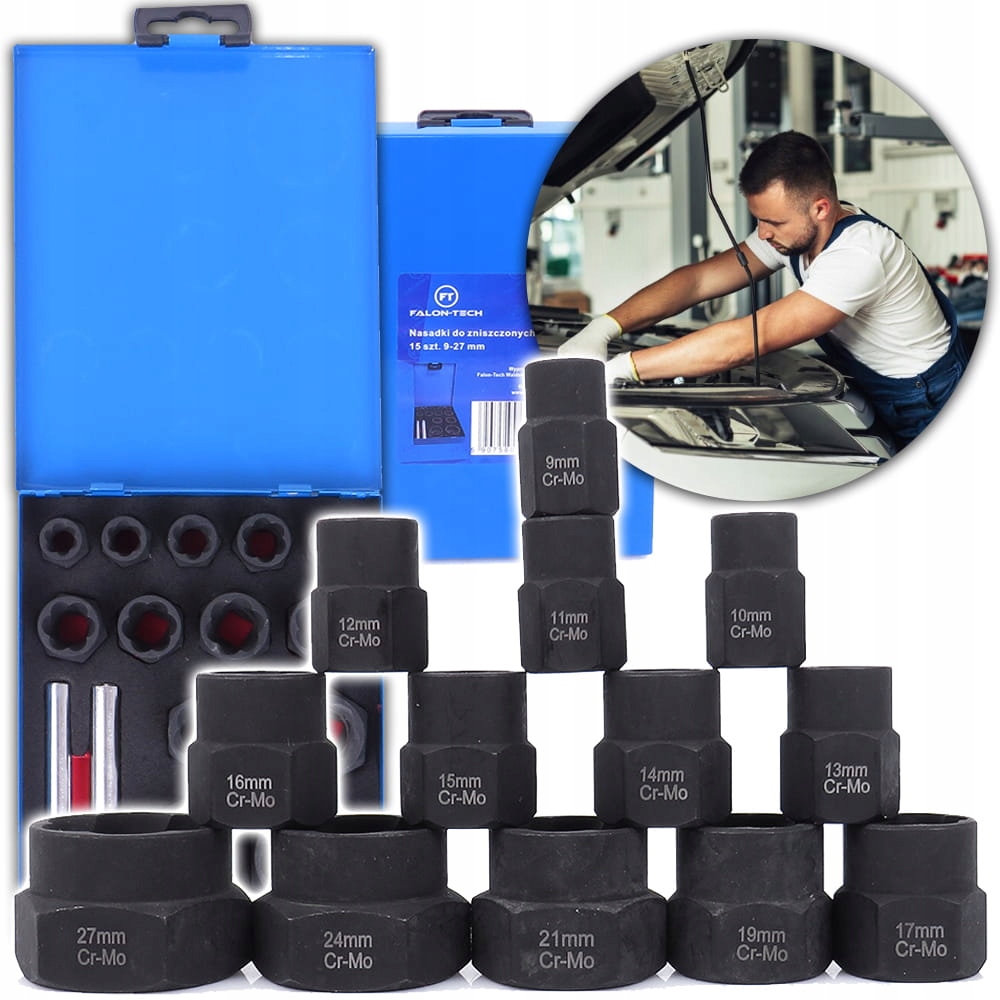 Nasadki Cr-Mo Do Uszkodzonych Obrobionych Śrub Nakrętek 9-27mm 15 Elementów