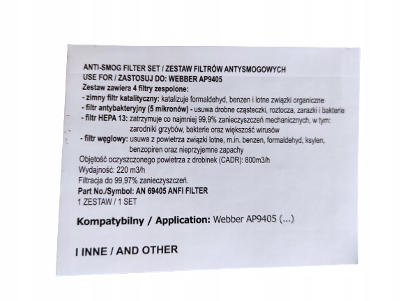 Zestaw filtrów H13 do oczyszczacza Webber AP9405B Marka inna
