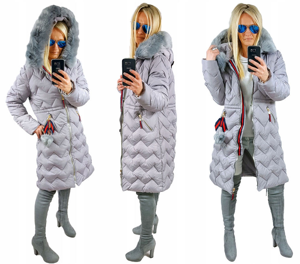 

Pikowany Długi Płaszcz Kurtka Zygzak Parka Futro S