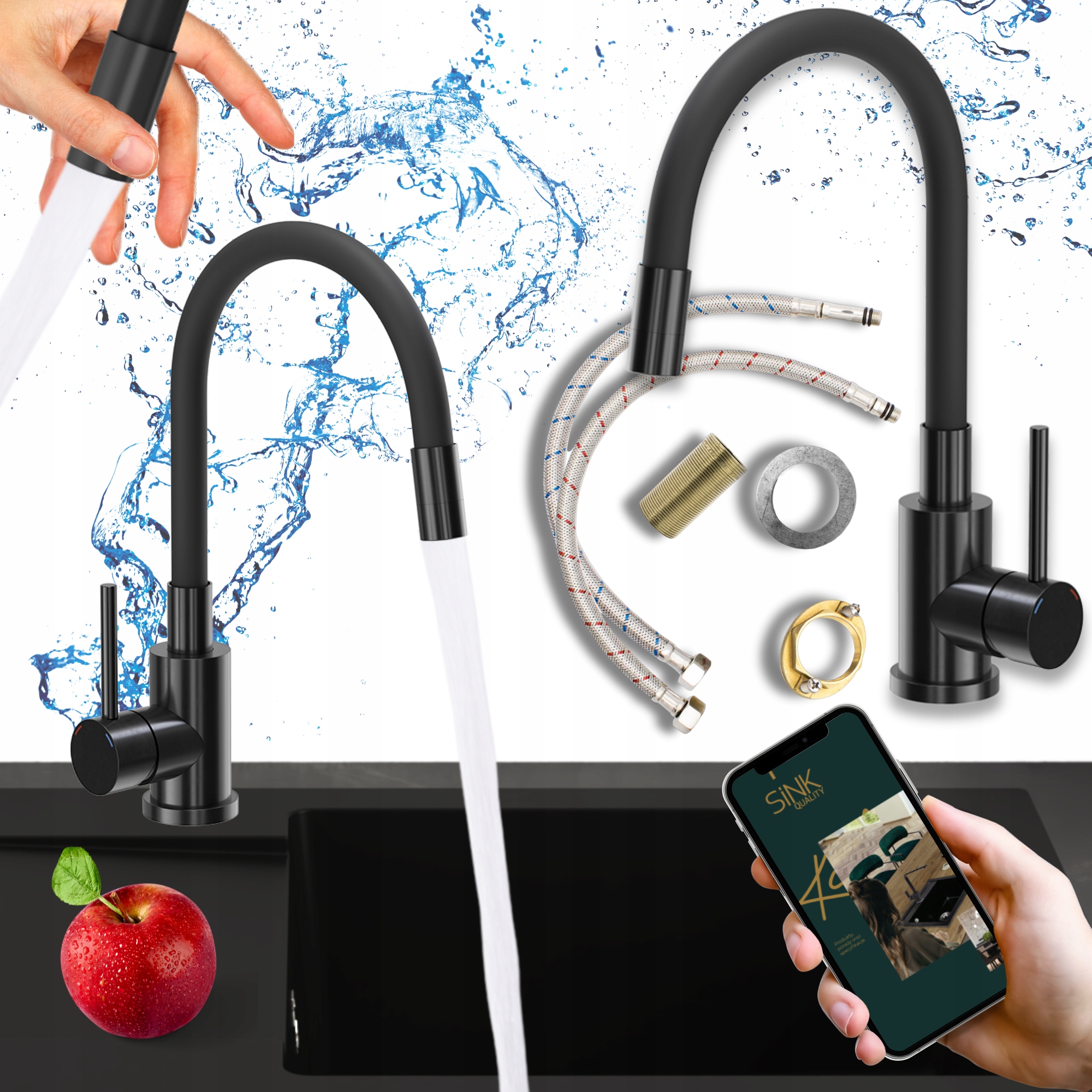 Kuchynská Batéria, flexibilná, čierna lesklá, Kohútik Drezu umývadla
