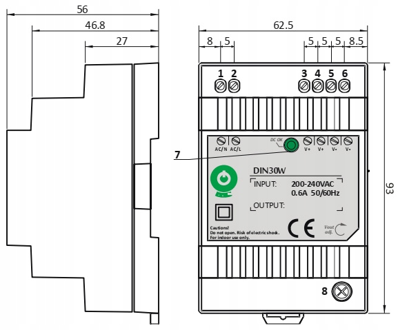 ZASILACZ NA SZYNĘ DIN 24V 30W 2.5A DO TAŚM LED DOMOFONU POS POWER DIN30W24 Kod producenta DIN30W24