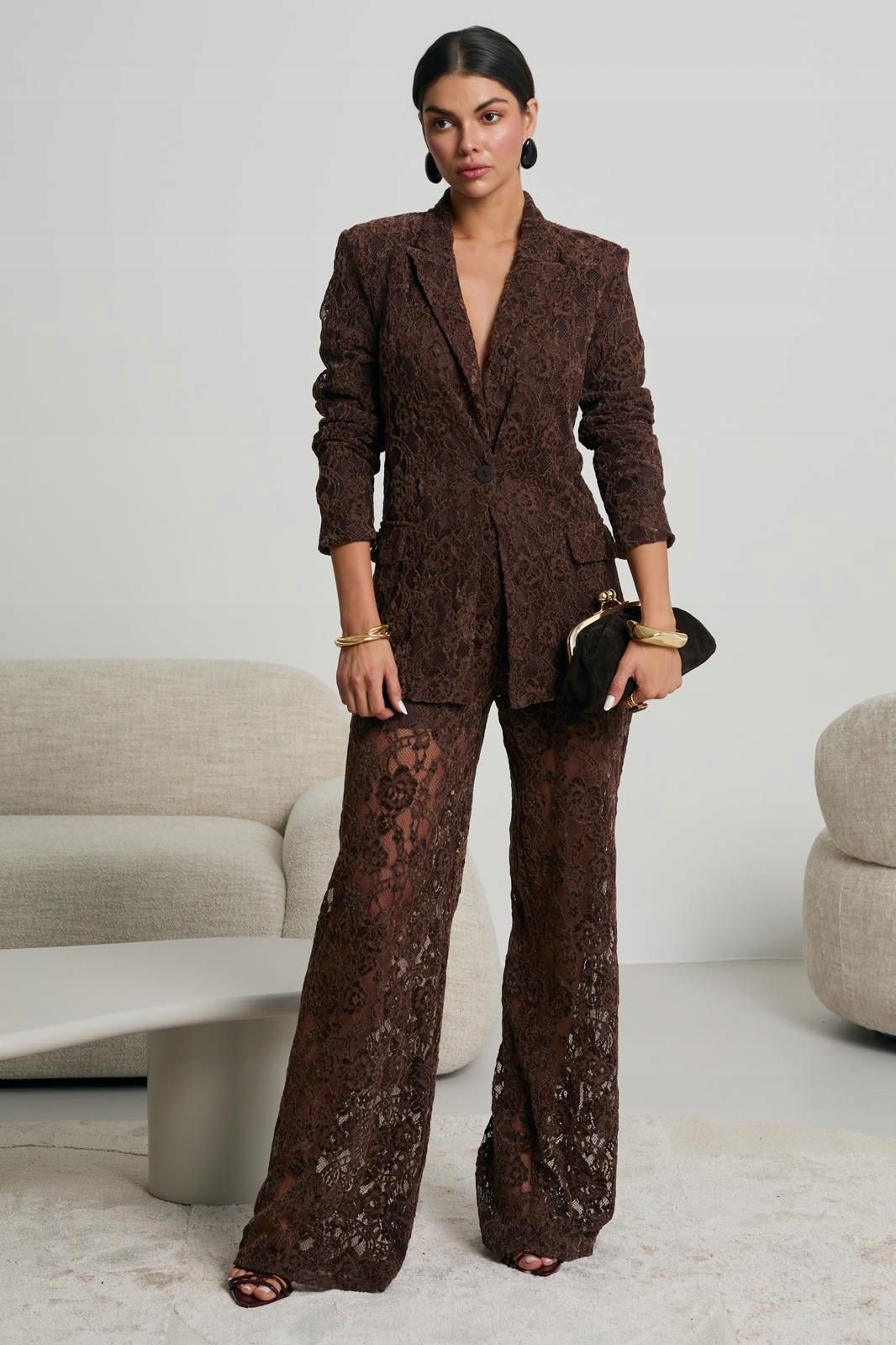 Komplet Damski Koronkowy Brązowy Marynarka+Spodnie rozmiar .s