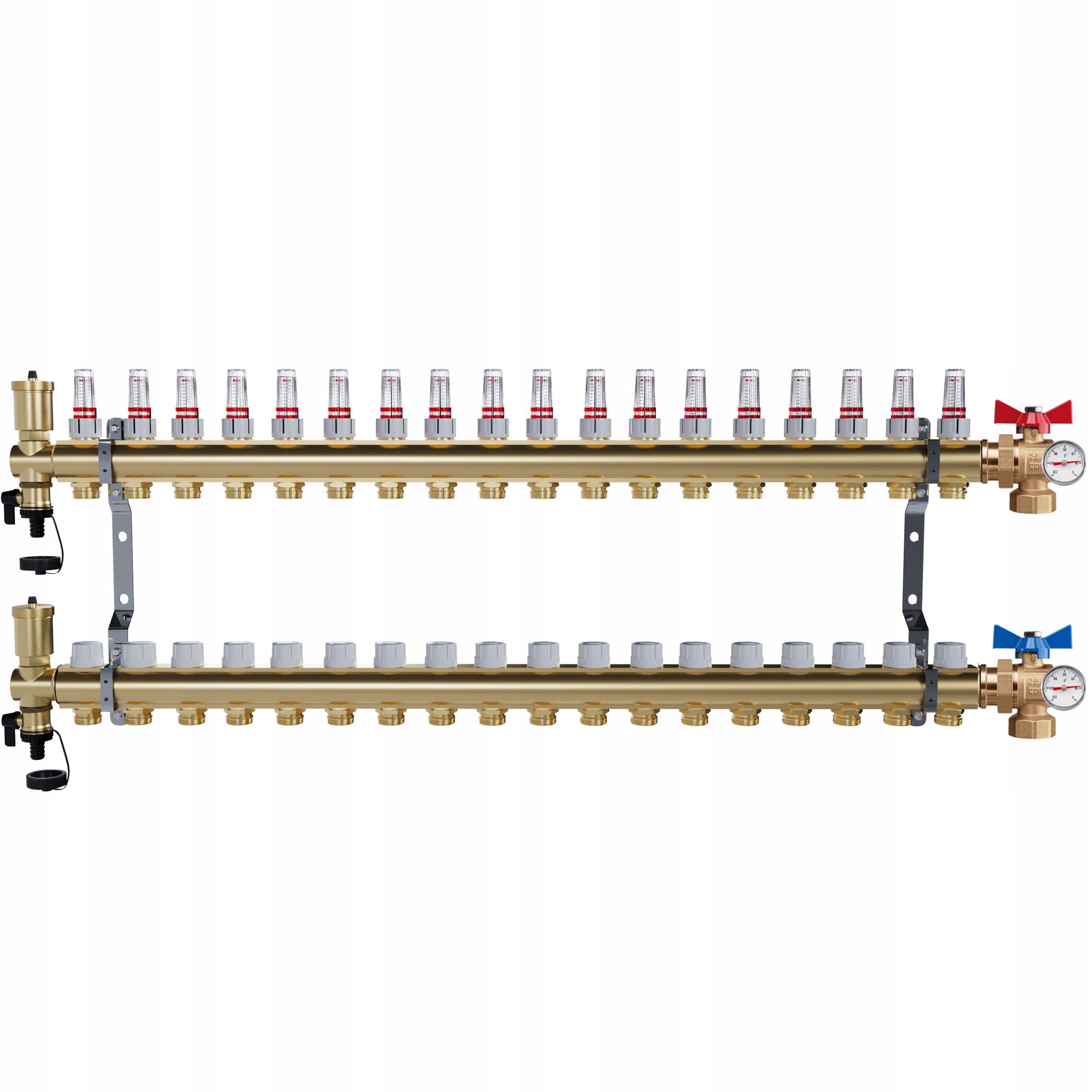 Rozdělovač mosazný Podlahovky 18 okruhů Kulové ventily Teploměr