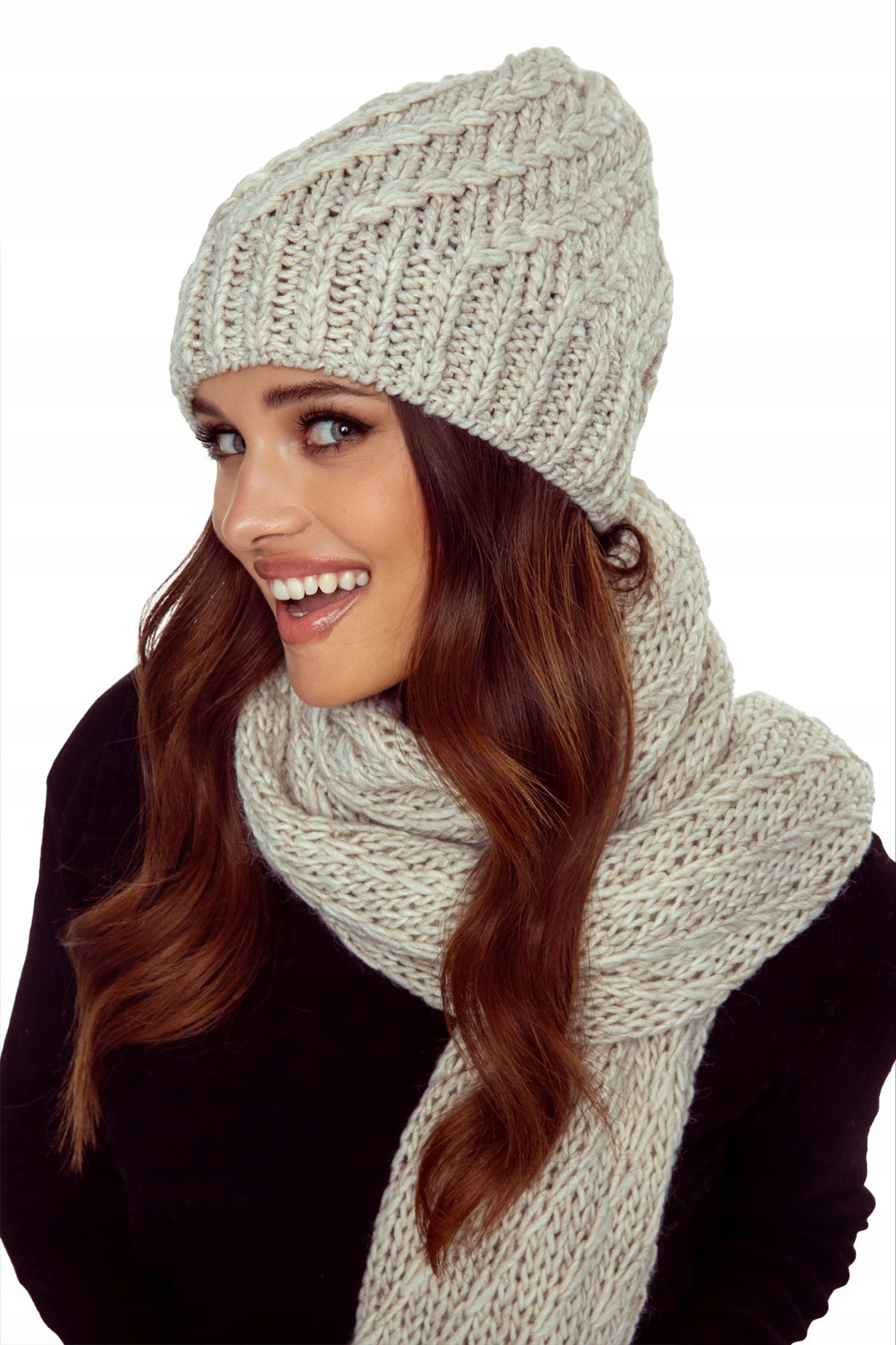 Šála Čepice Beanie Dámský Komplet Ženská 10% Vlna Béžová