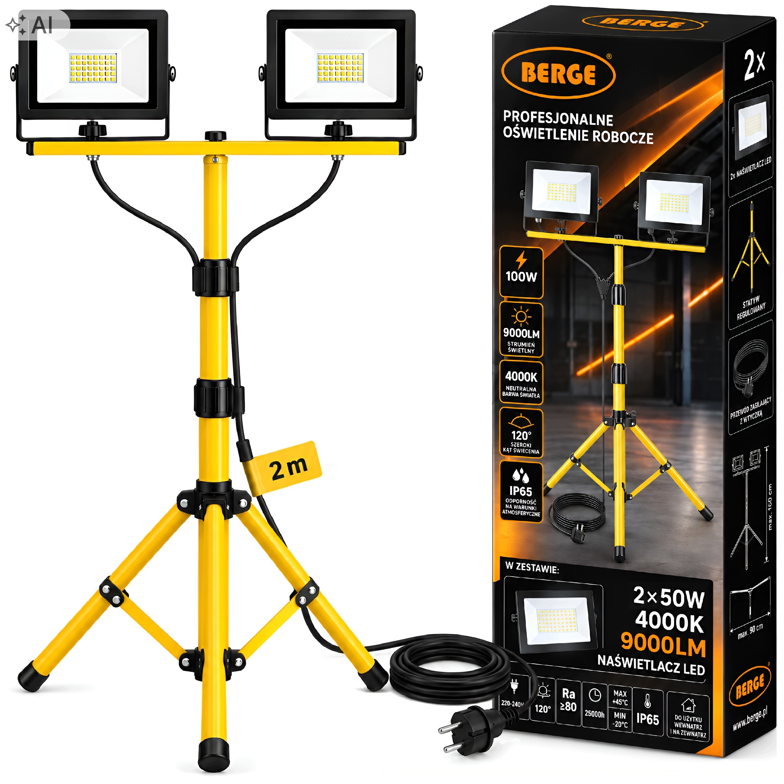 Halogenový Led reflektor 2x 50W Stavební stativ 100W pro opravy 4000K